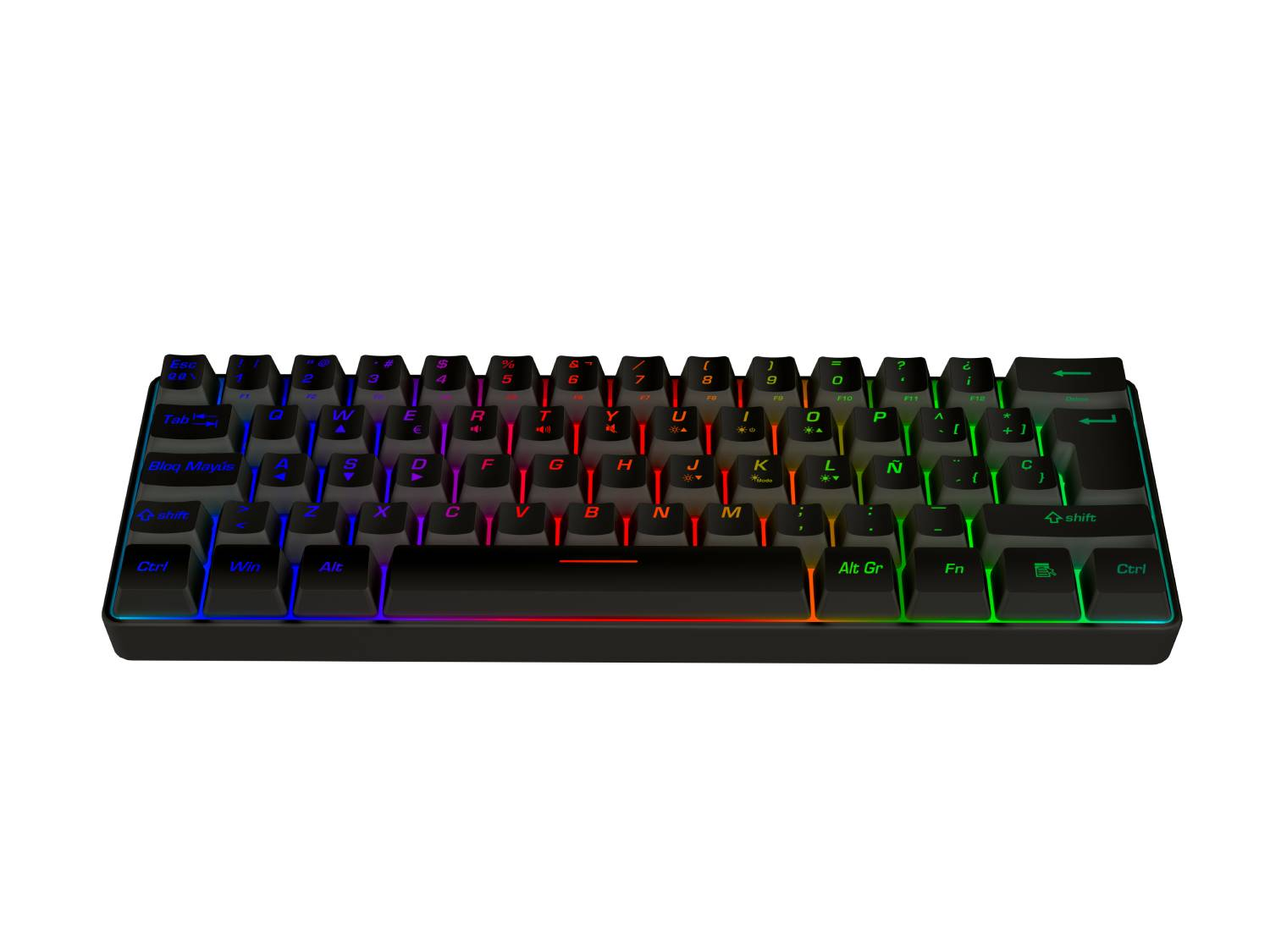 Un teclado de juego negro y compacto con vibrante retroiluminación RGB, aislado en blanco.