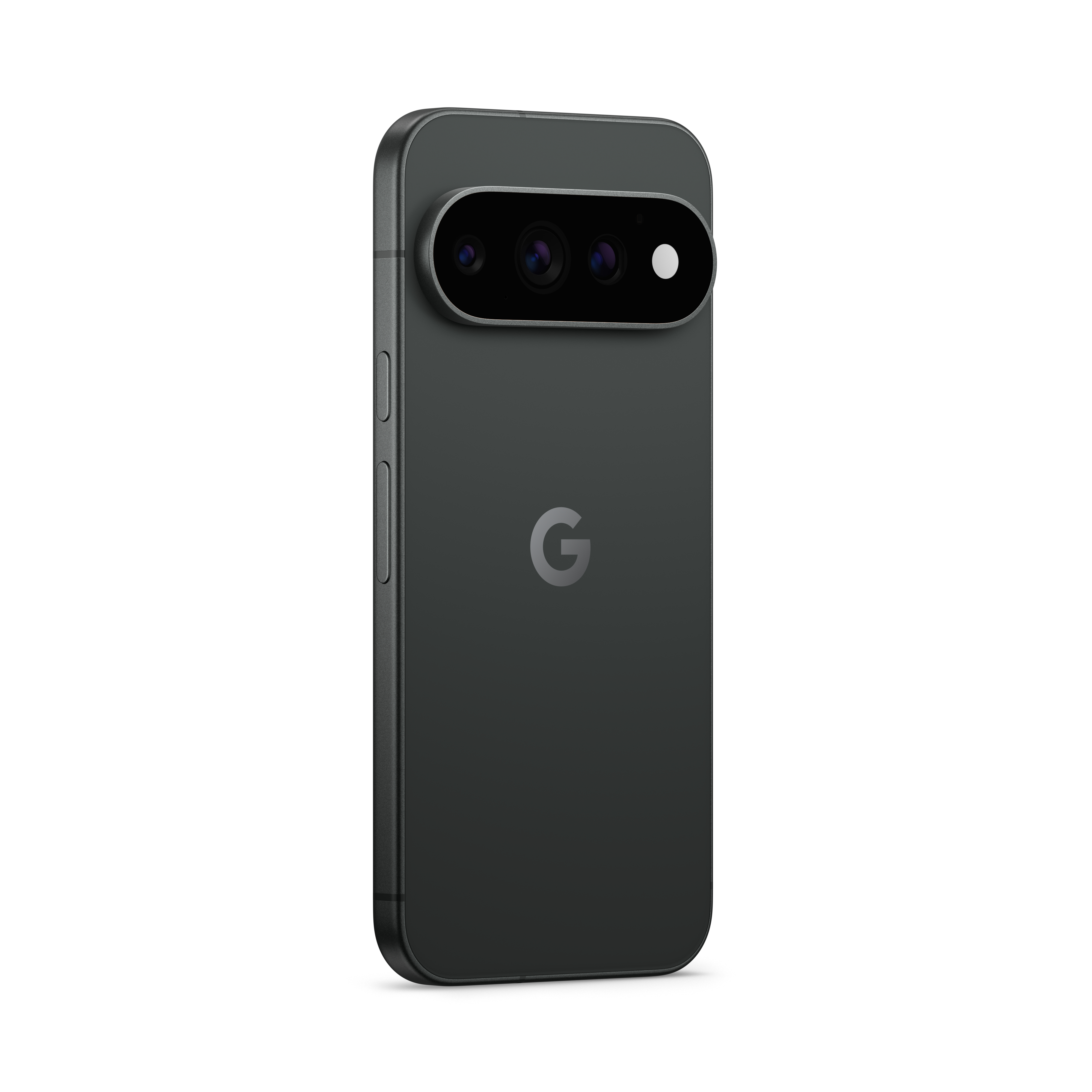 Rückseite eines schwarzen Google Pixel Smartphones mit horizontalem Kameramodul oben.