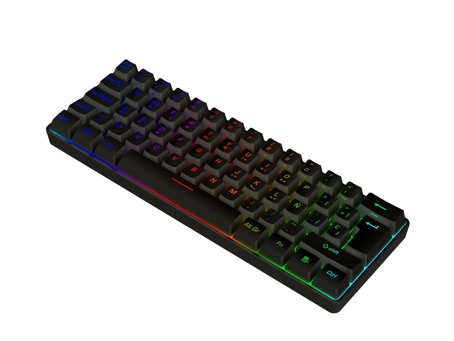 Teclado compacto negro para juegos con retroiluminación RGB colorida sobre fondo blanco.