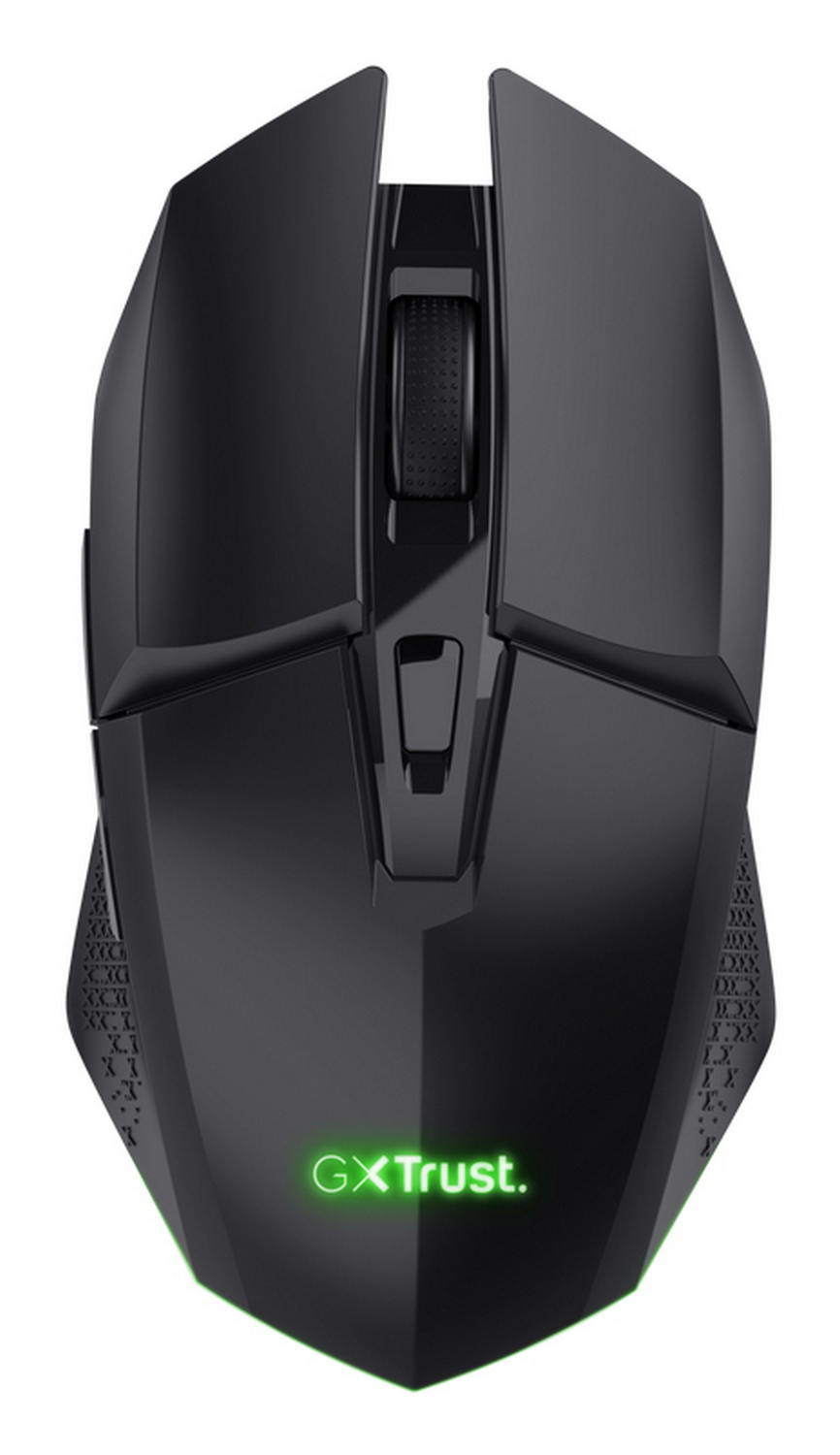 Ratón de juego negro con logotipo verde GXTrust y agarres laterales texturizados.