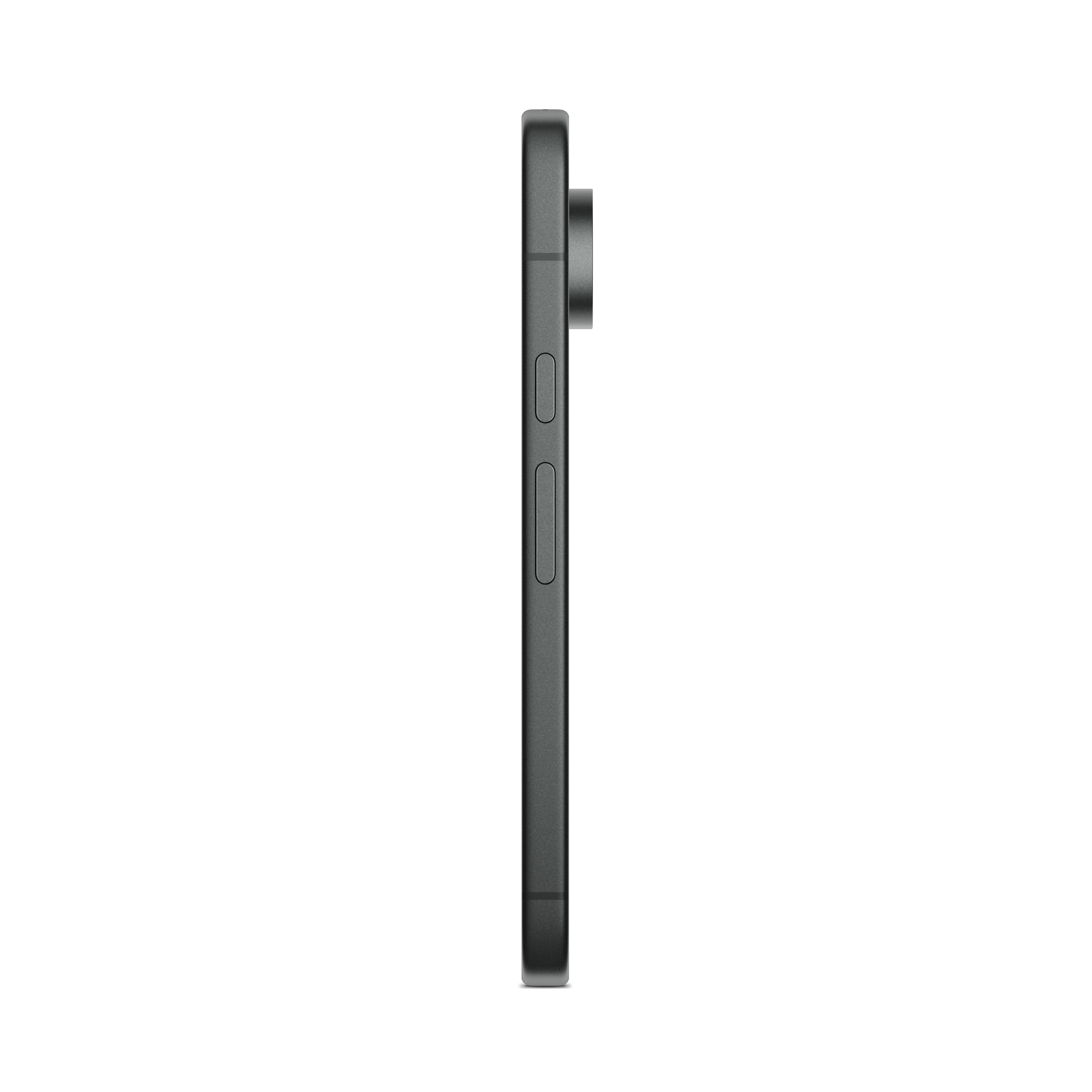 Seitenansicht eines dunkelgrauen Smartphones mit sichtbaren Tasten auf weißem Hintergrund.