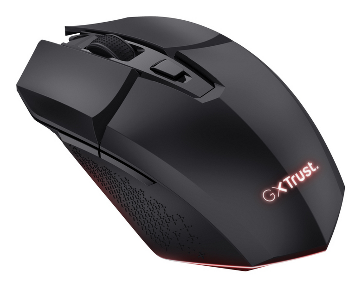 Ratón de juego inalámbrico negro con logo GXTrust rojo e iluminación sobre fondo blanco.