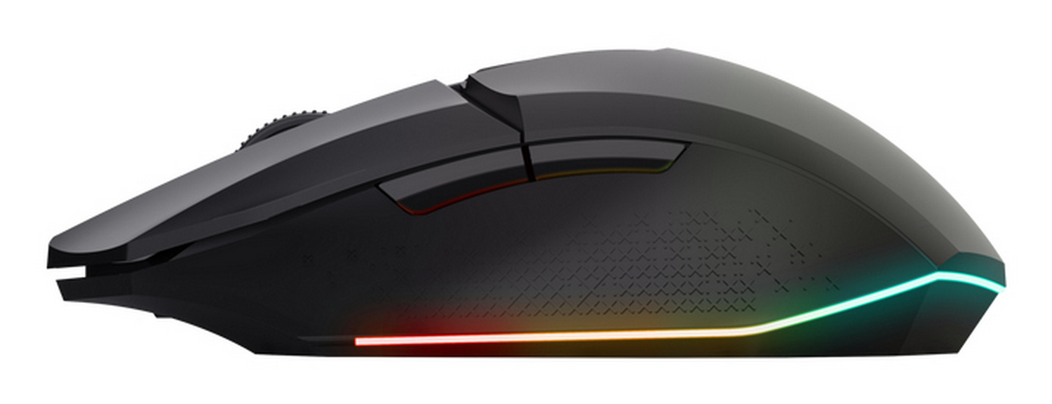 Ratón de juego negro con iluminación RGB mostrado de perfil sobre fondo blanco.