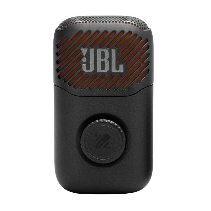 Dispositivo portátil JBL negro con detalles naranjas y un botón circular.