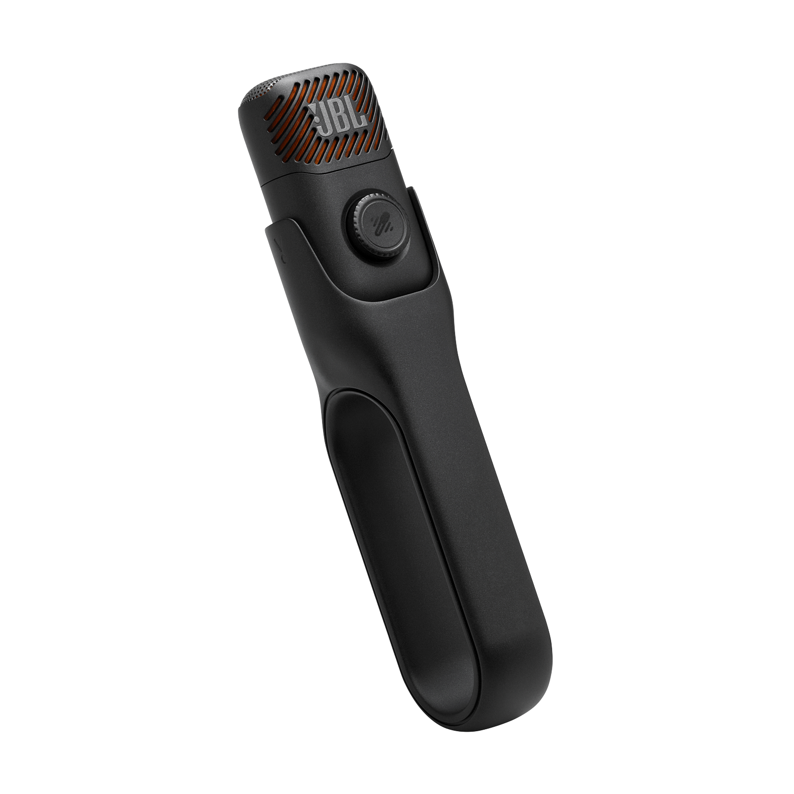 Un micrófono JBL negro con un botón de control, sobre un fondo negro.