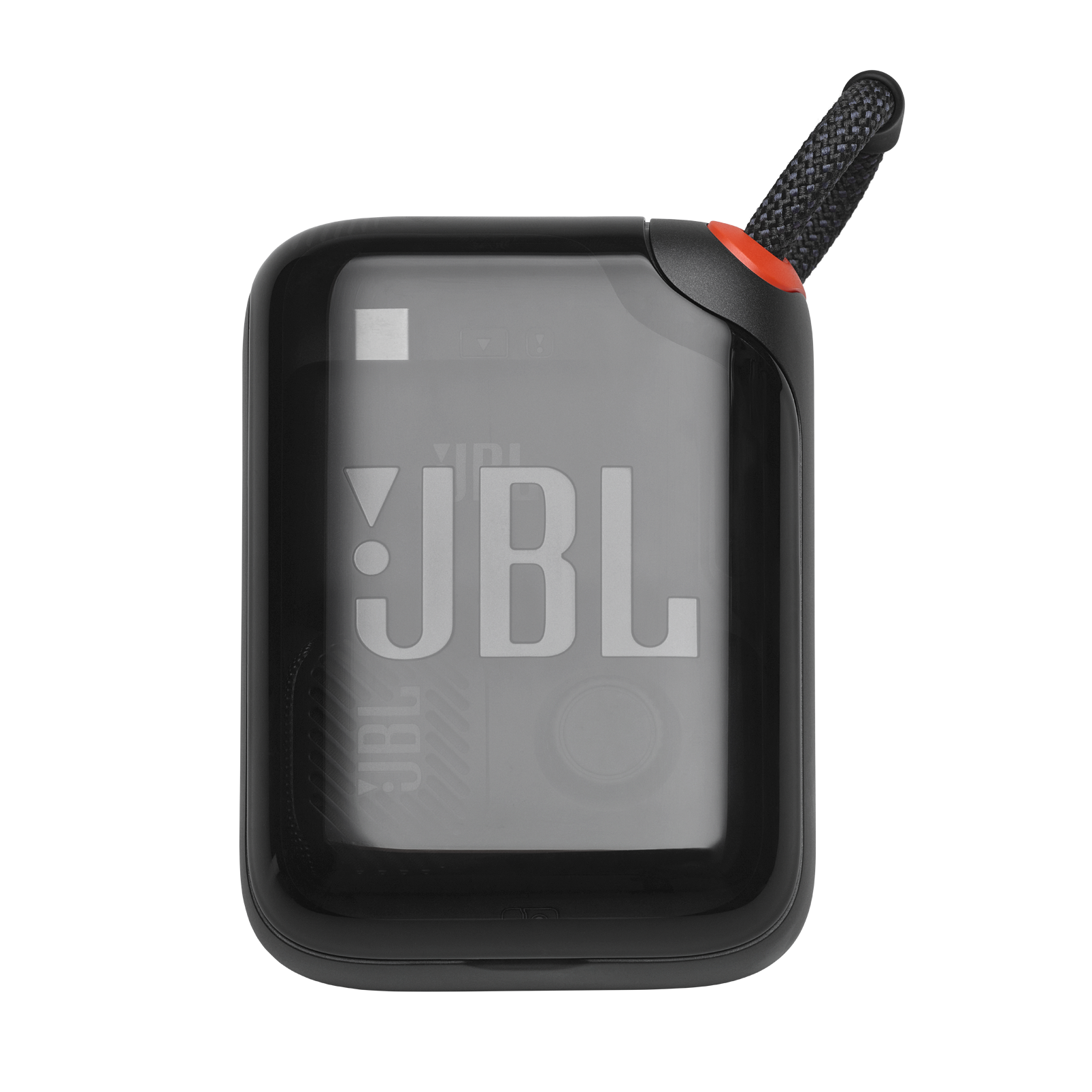 Dispositivo de audio JBL Go negro con textura mate, gran logotipo gris en el frente y lazo rojo.