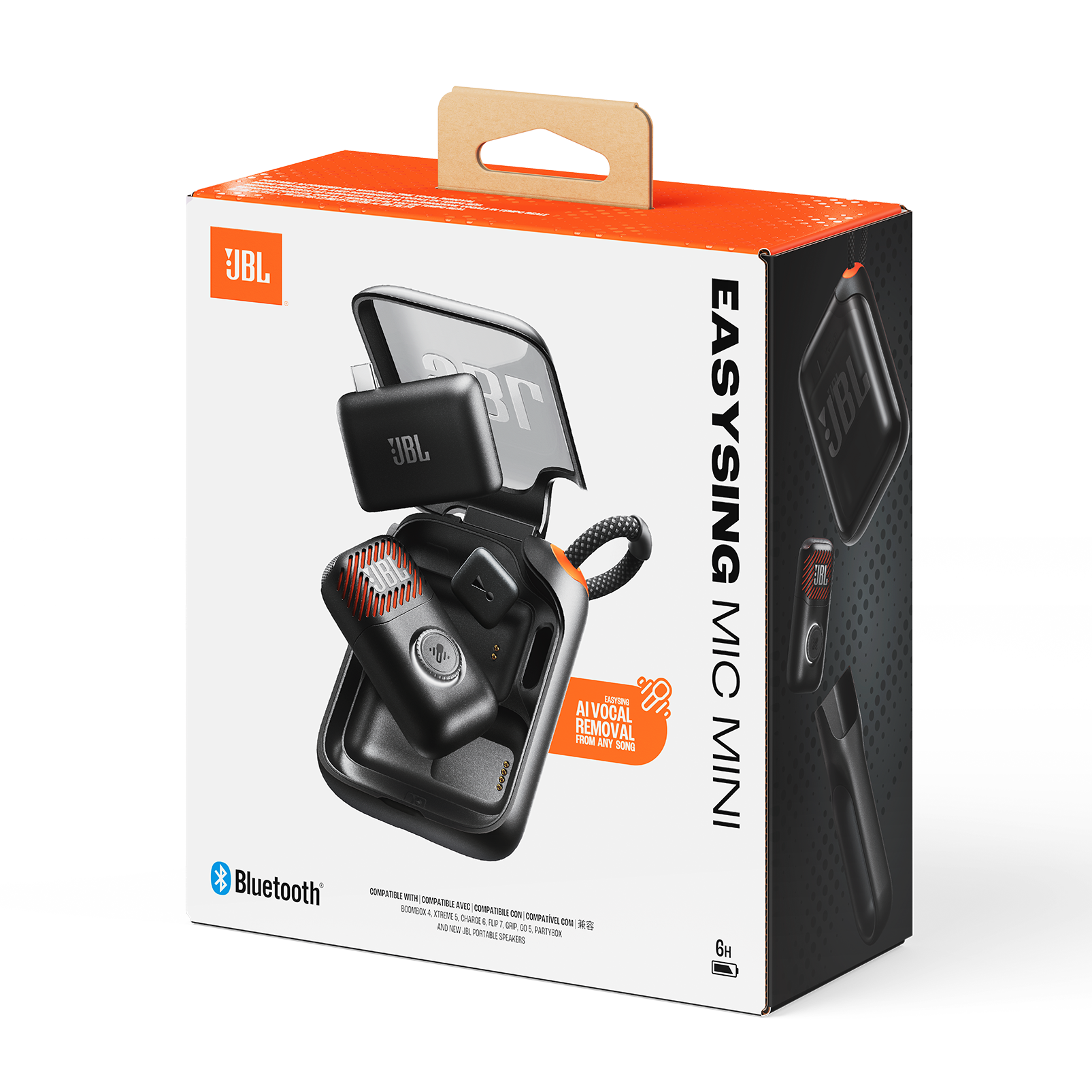 Embalaje del JBL EasySing Mic Mini con micrófono inalámbrico y estuche de carga.