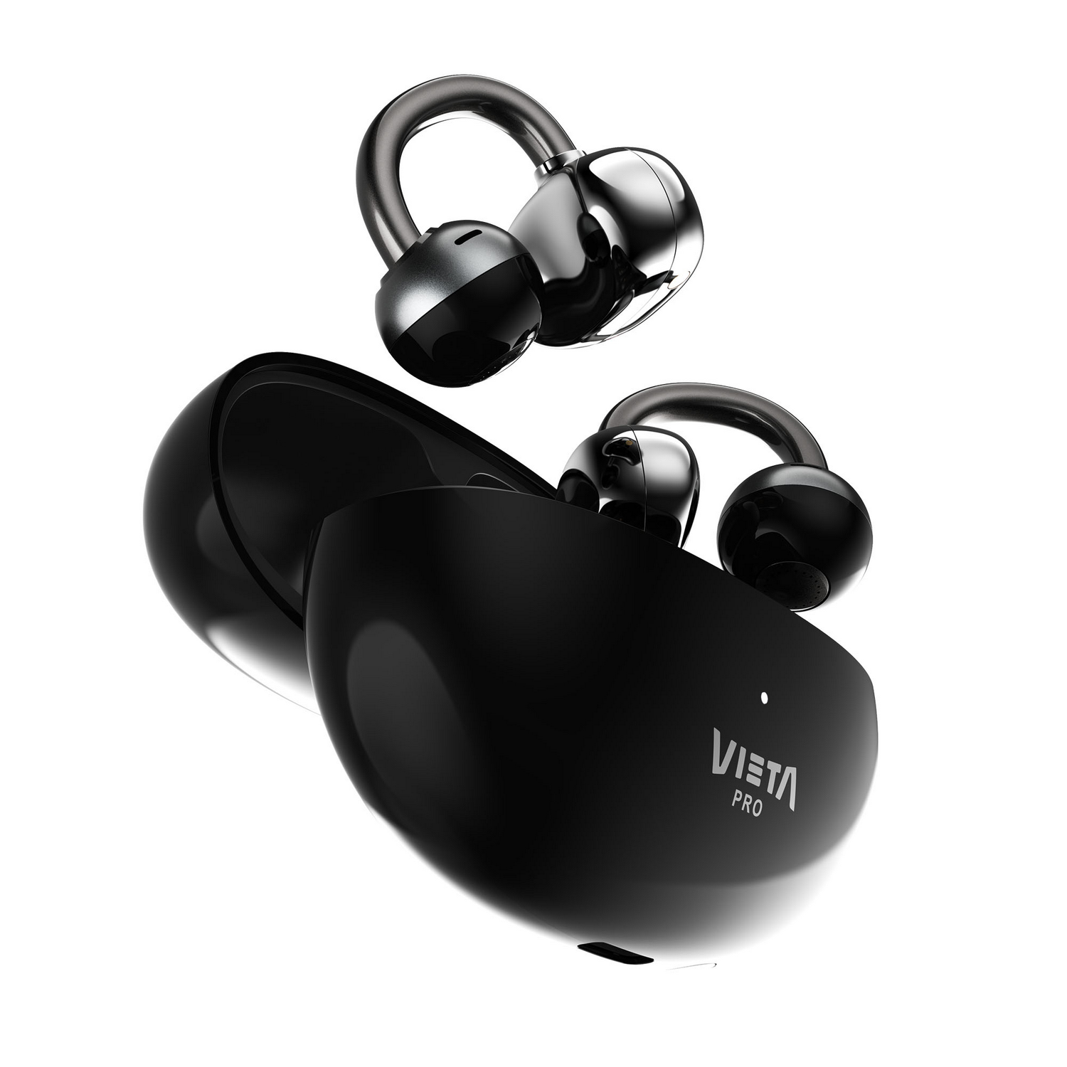 Auriculares inalámbricos Vieta Pro negros brillantes y su estuche de carga abierto flotan sobre fondo blanco.