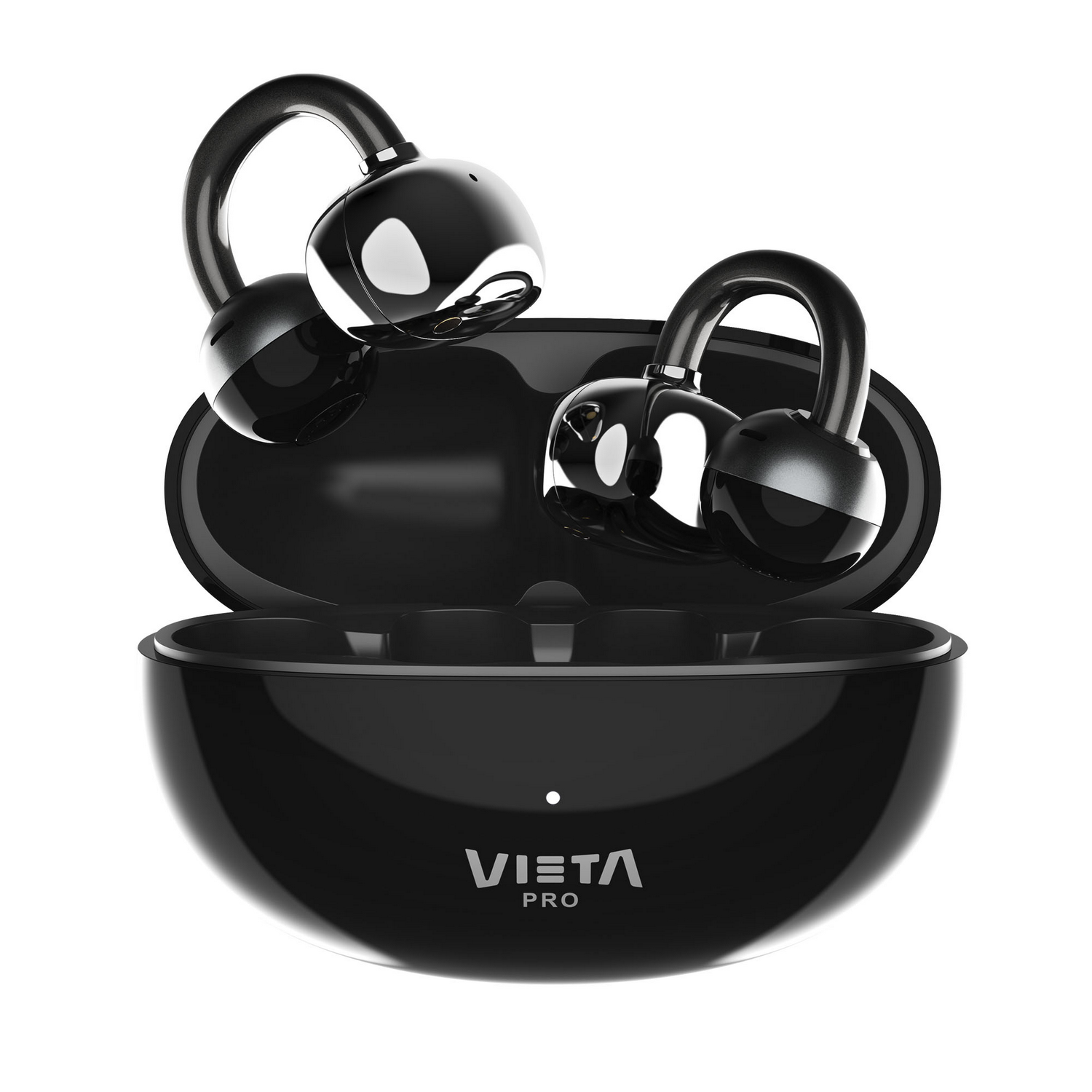 Auriculares inalámbricos negros Vieta Pro sobre su estuche de carga abierto.