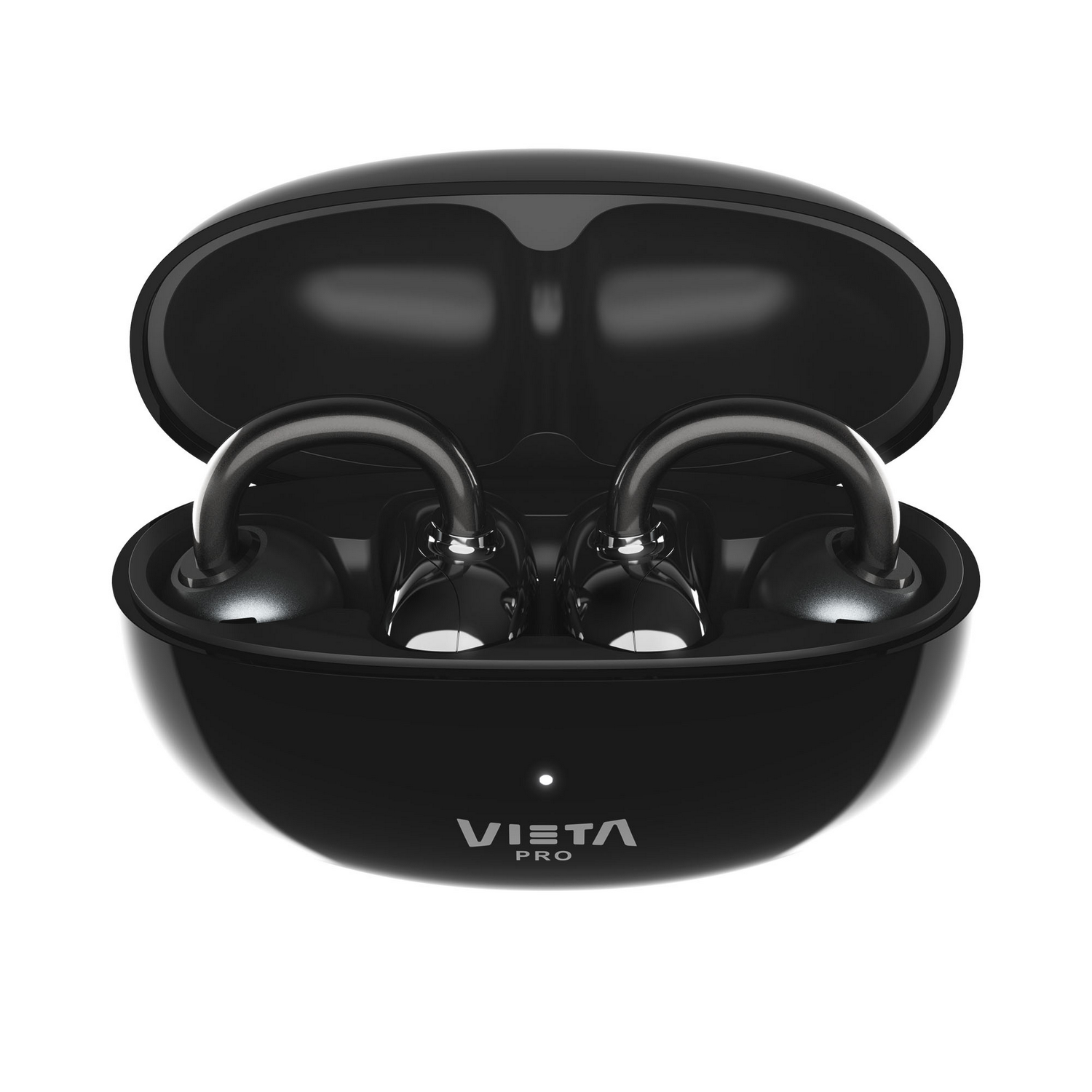 Auriculares inalámbricos negros en un estuche de carga abierto con el logotipo de Vieta Pro sobre fondo blanco.