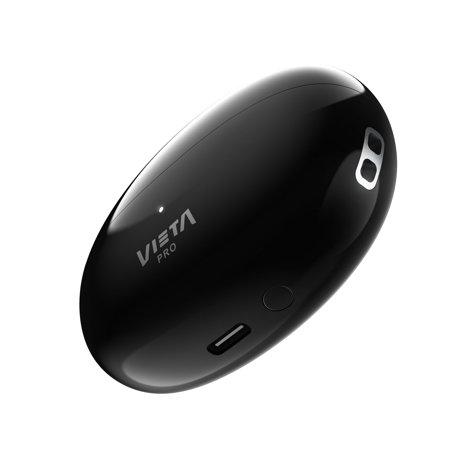 Estuche de carga Vieta Pro negro brillante con puerto USB-C y luz LED blanca sobre fondo blanco.