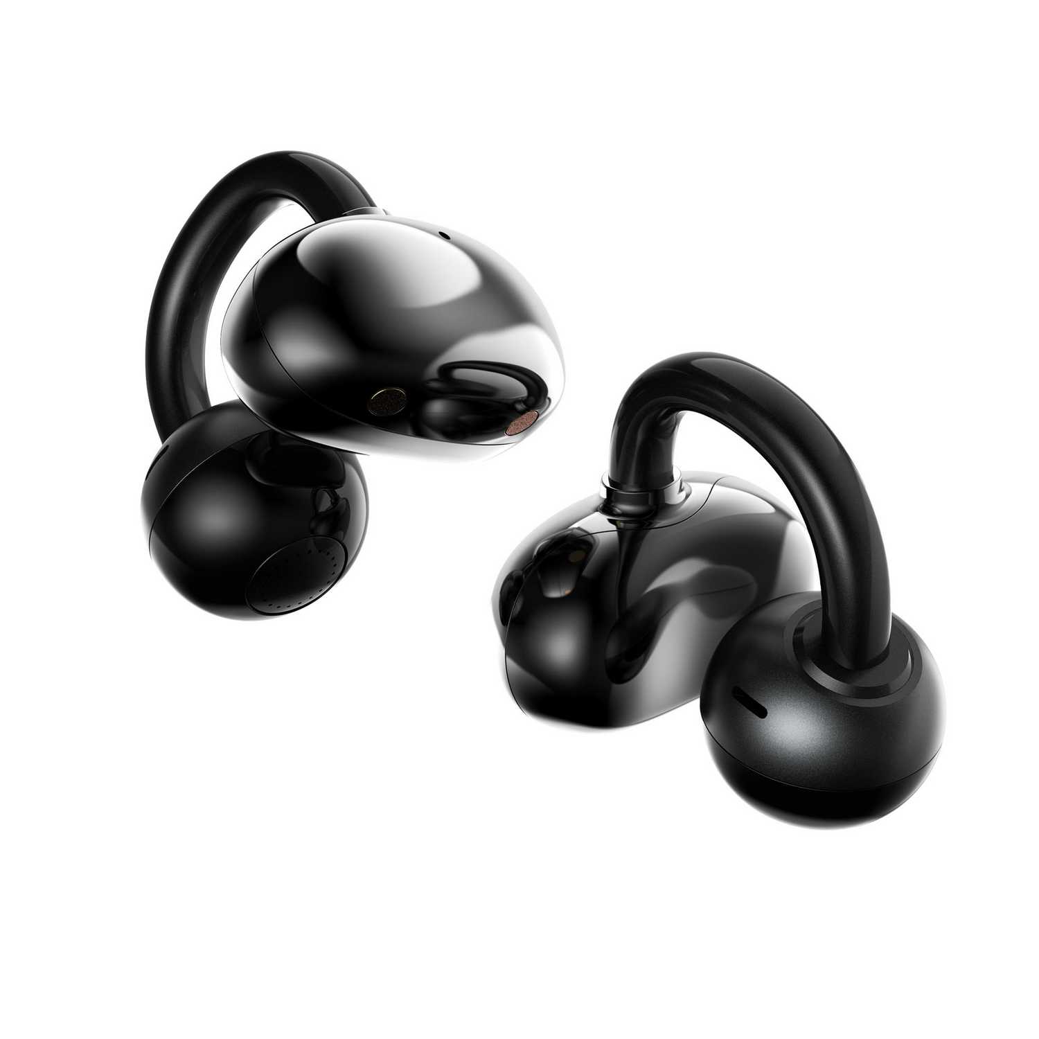Dos auriculares abiertos negros y brillantes con ganchos curvos sobre fondo blanco.