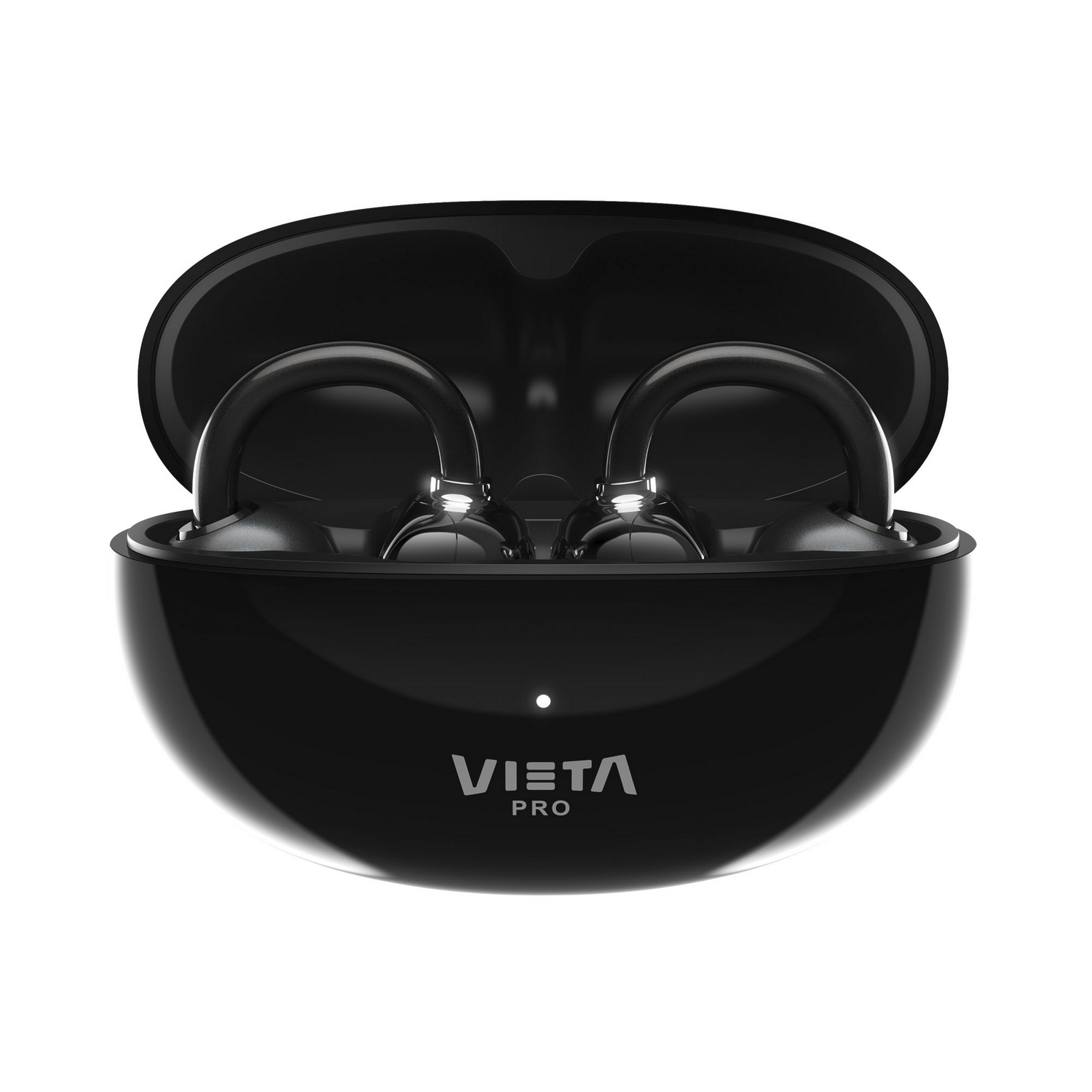 Auriculares inalámbbricos negros en un estuche de carga abierto con la marca Vieta Pro y una pequeña luz LED.