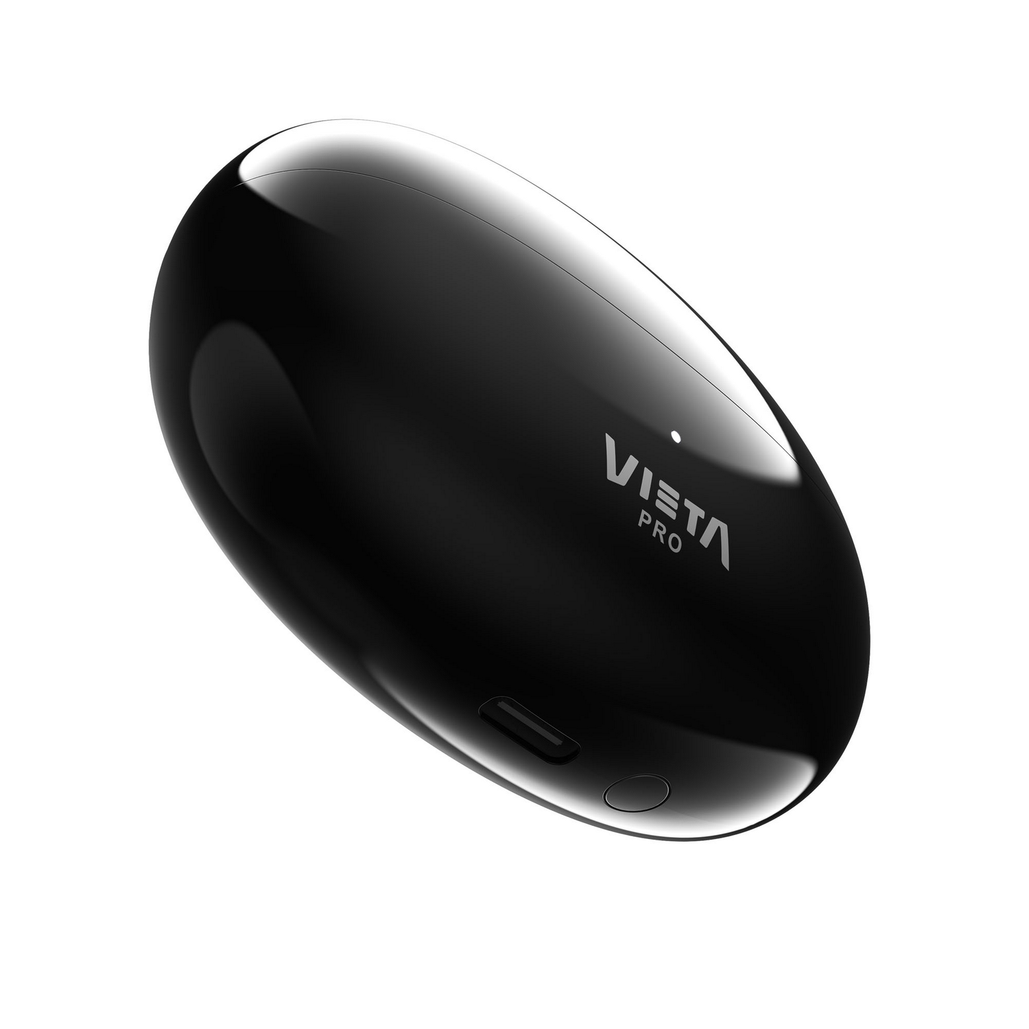 Estuche de carga ovalado negro brillante con la marca Vieta Pro y puerto USB-C.