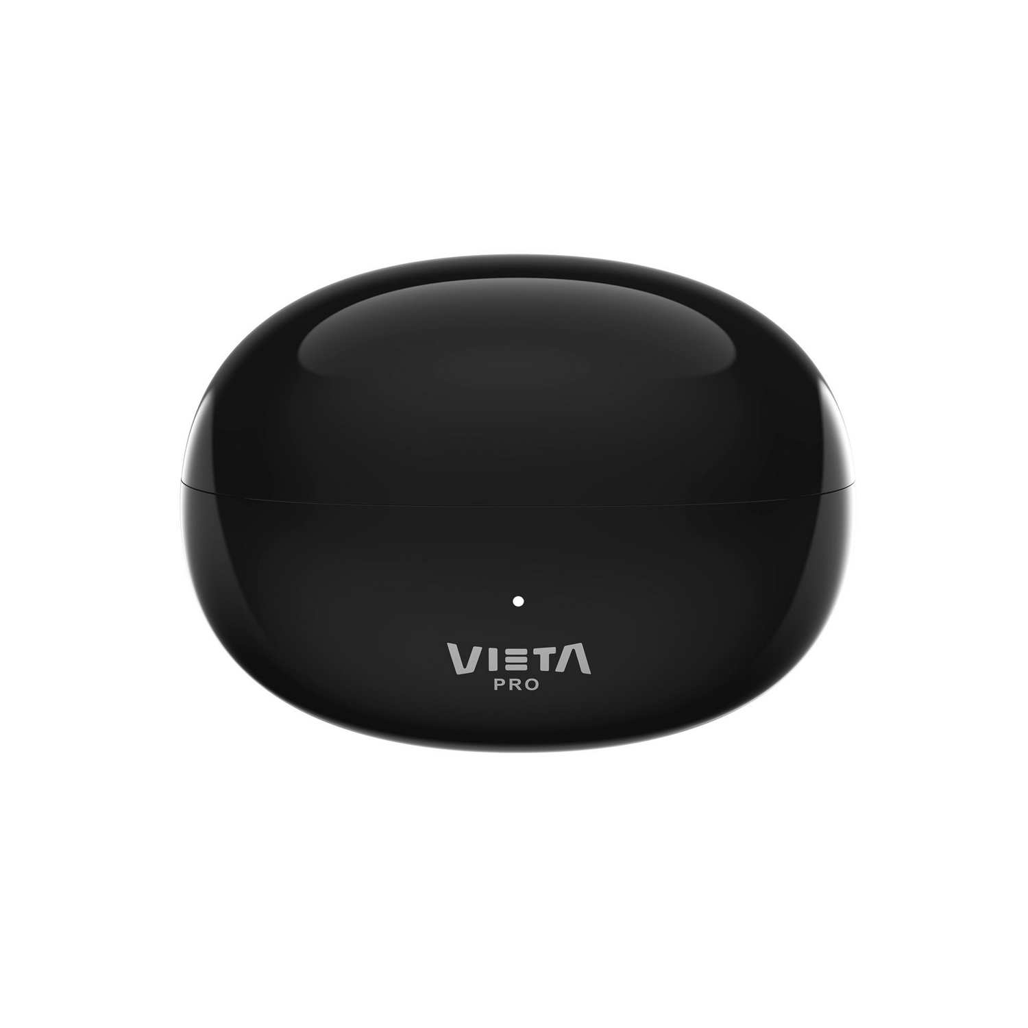Estuche de carga ovalado negro brillante para auriculares inalámbricos con logo de Vieta Pro y luz LED.