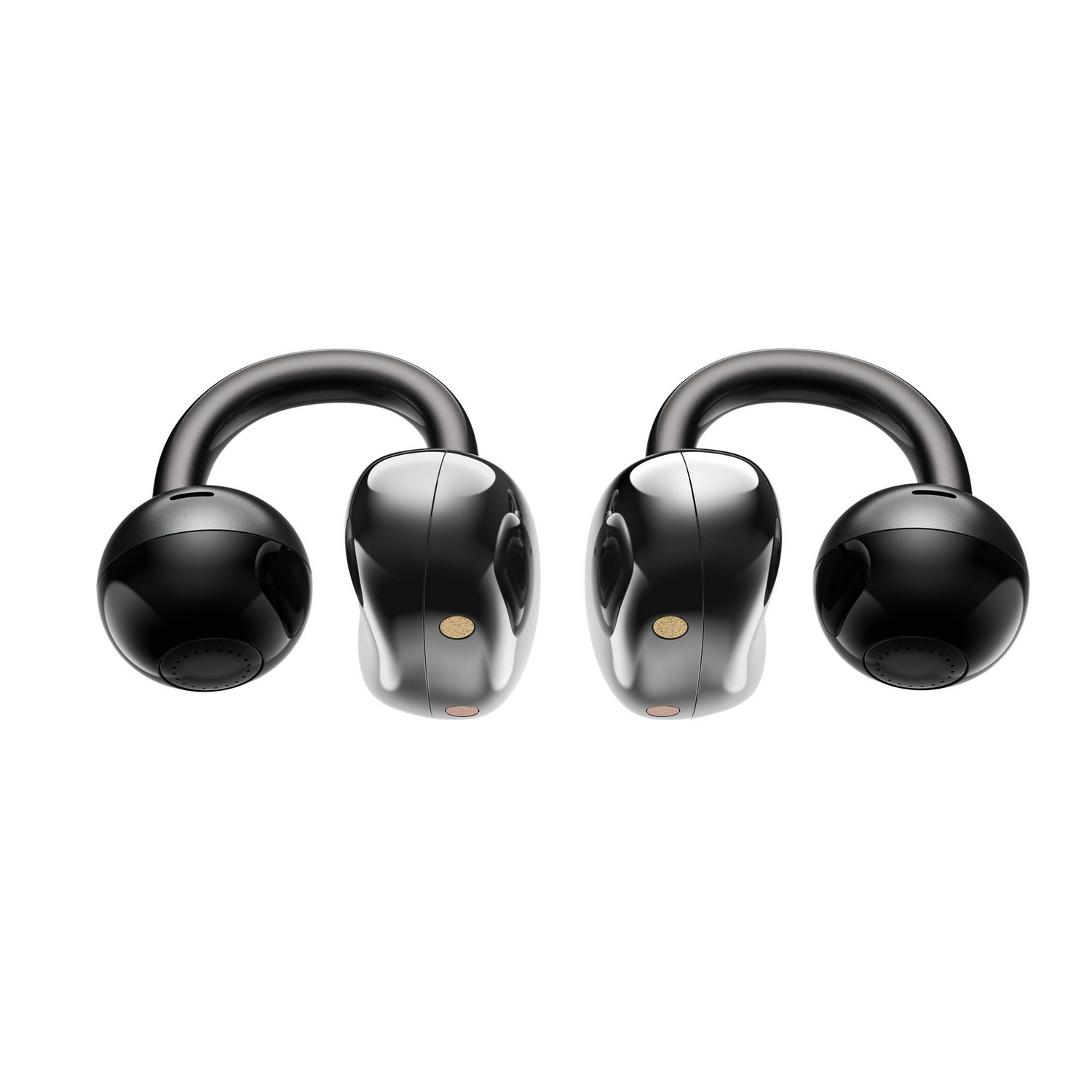 Dos auriculares inalámbrícos negros de oído abierto con diseño de arco y altavoces redondos sobre fondo blanco.