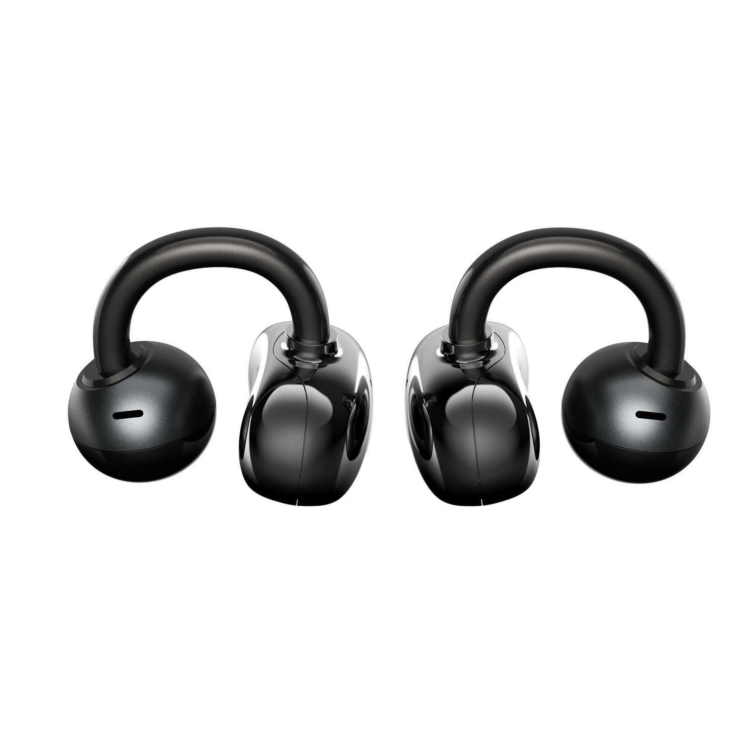 Dos auriculares inalámbricos negros de oído abierto con diseño de arco curvo sobre fondo blanco.