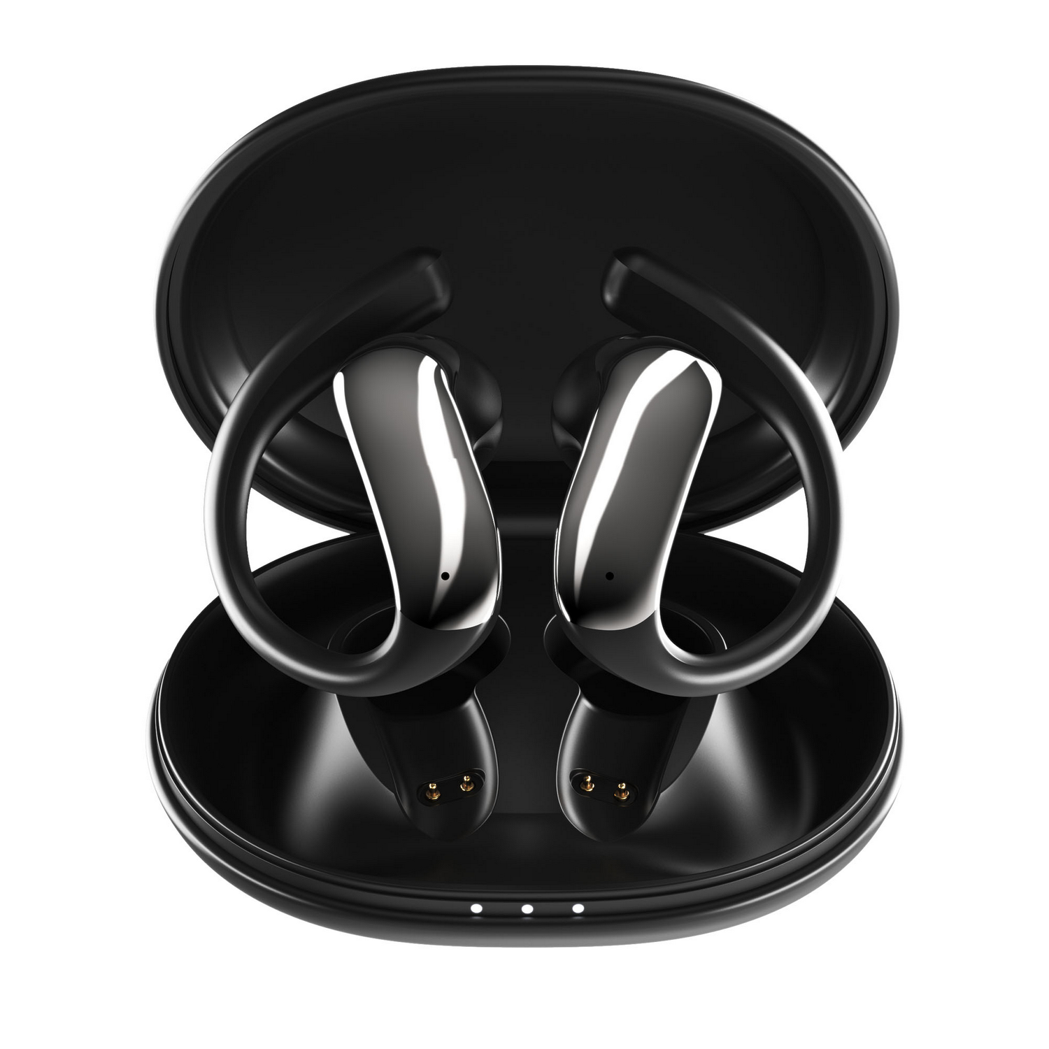 Auriculares negros de oído abierto con detalles brillantes dentro de un estuche de carga redondo y abierto sobre fondo blanco.
