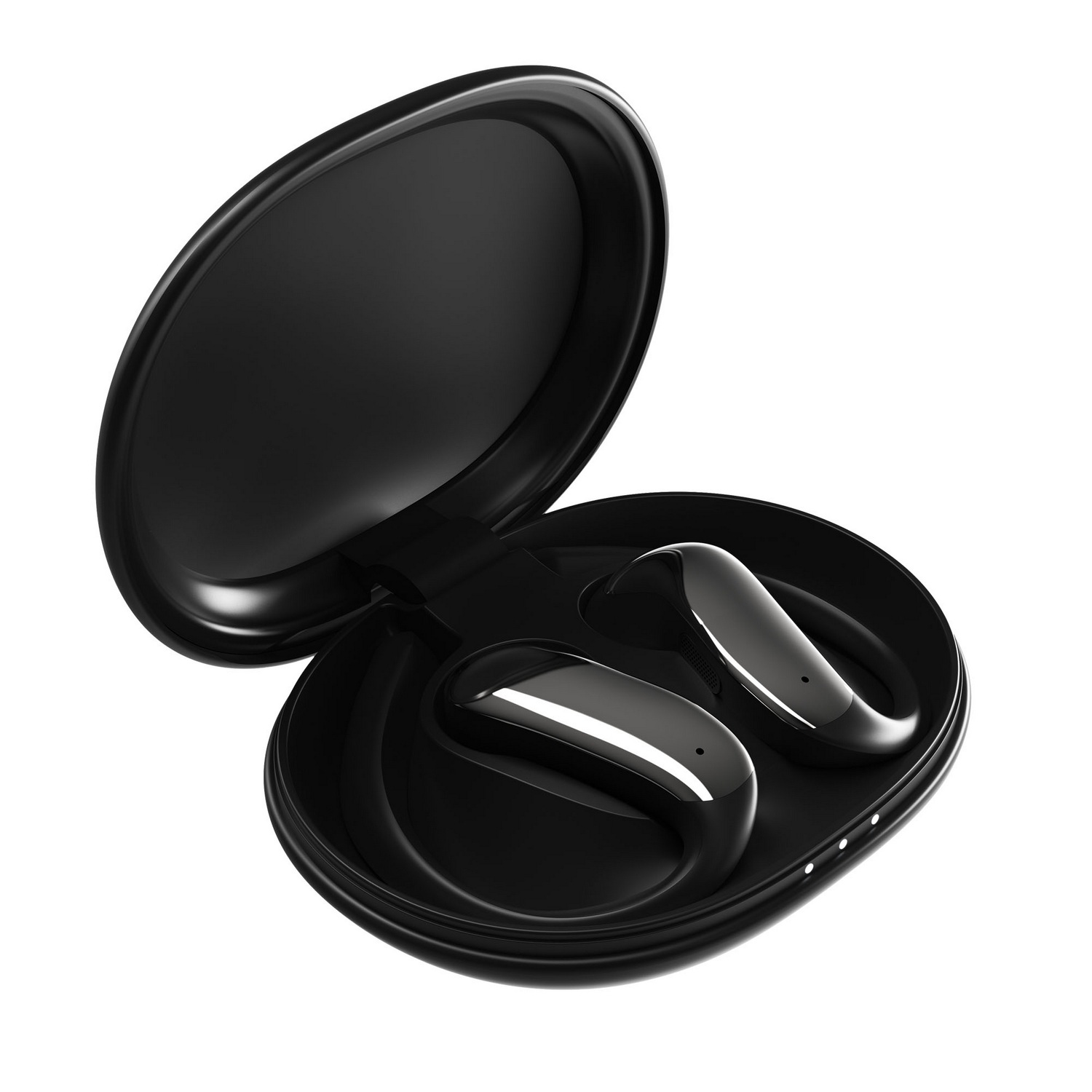 Auriculares inalambricos negros en un estuche de carga abierto sobre fondo blanco.