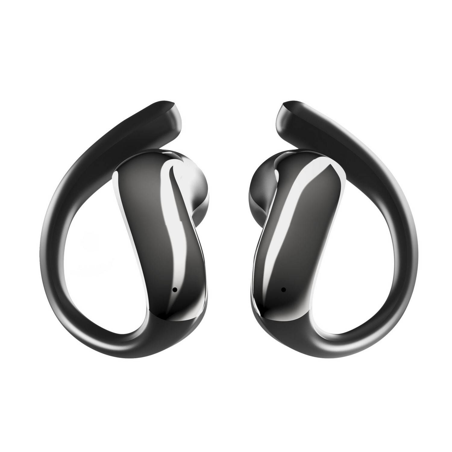 Par de auriculares inalámbricos abiertos de color negro brillante con ganchos para las orejas sobre fondo blanco.