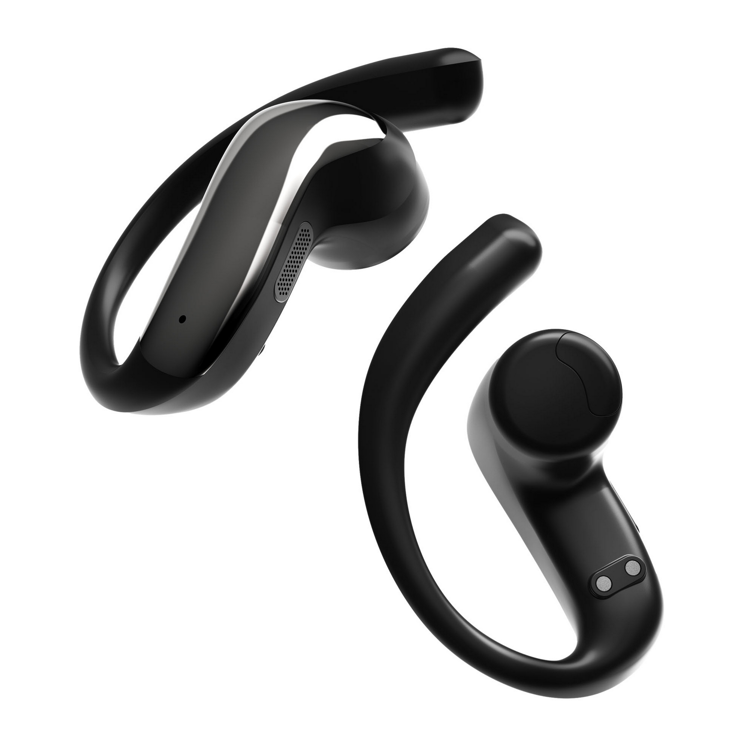 Dos auriculares inalámbricos negros con diseño de clip sobre fondo blanco.