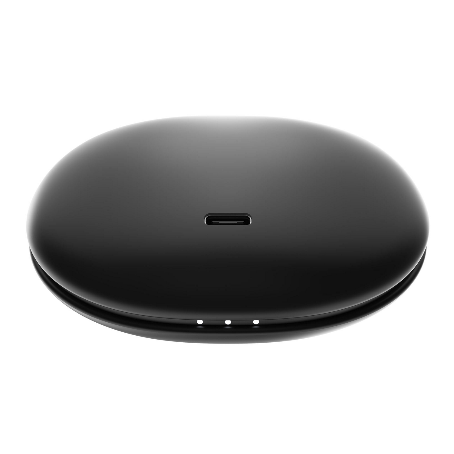 Un dispositivo electrónico ovalado, negro y liso con puerto USB-C y tres pequeñas luces indicadoras sobre fondo blanco.