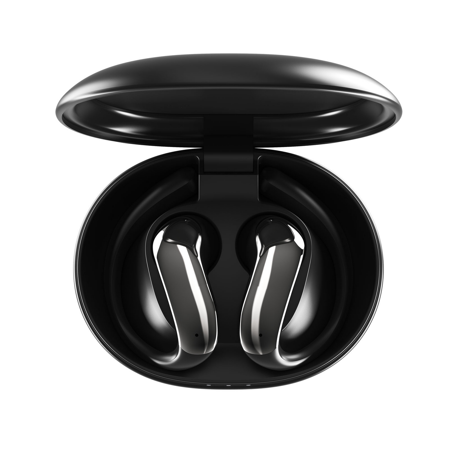 Auriculares inalámbricos brillantes en negro y plata dentro de un estuche de carga abierto.