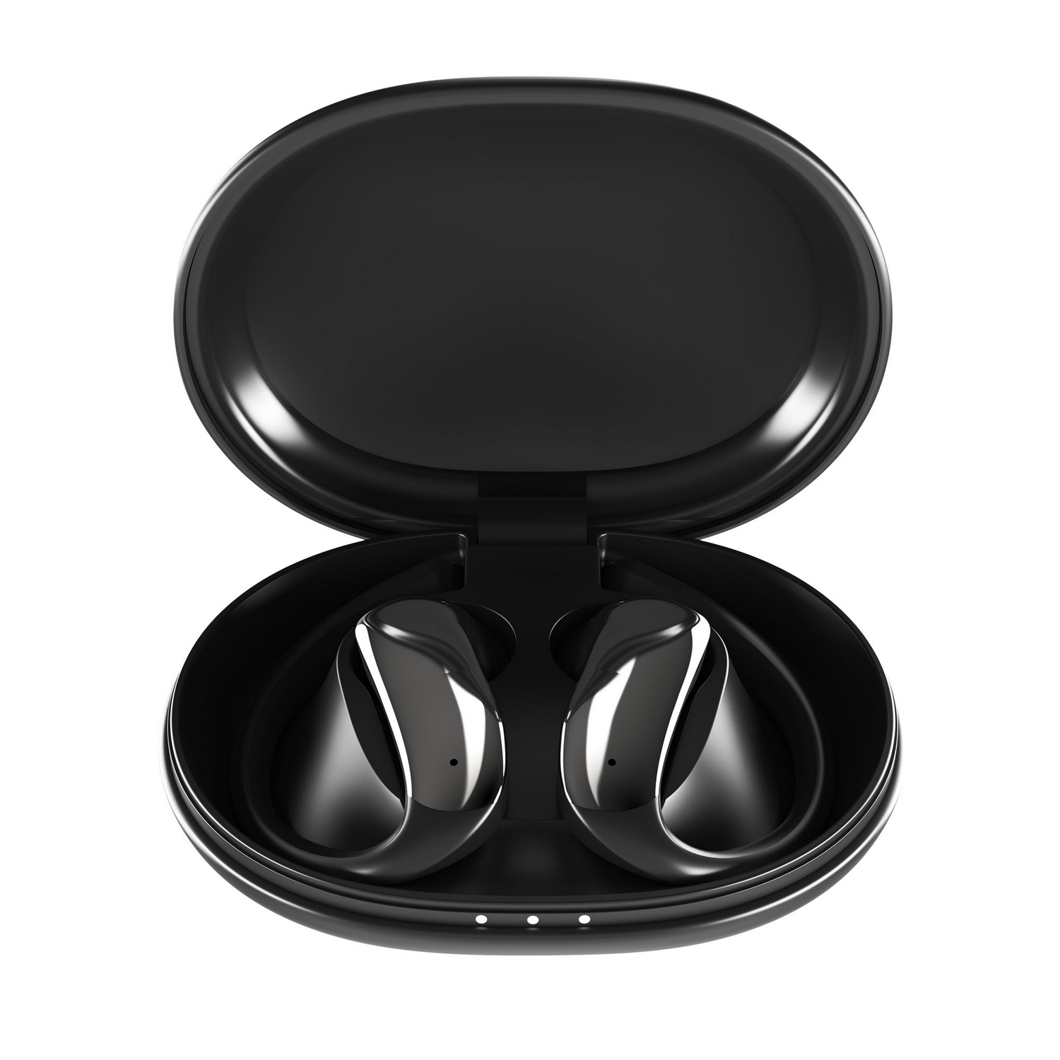 Un estuche de carga negro abierto con dos auriculares negros brillantes dentro, sobre fondo blanco.