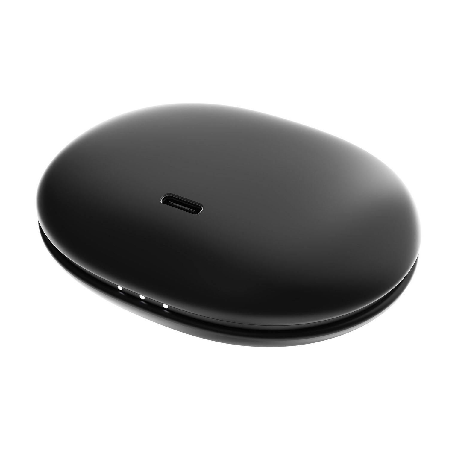 Un estuche de carga ovalado negro brillante con un puerto USB-C sobre fondo blanco.
