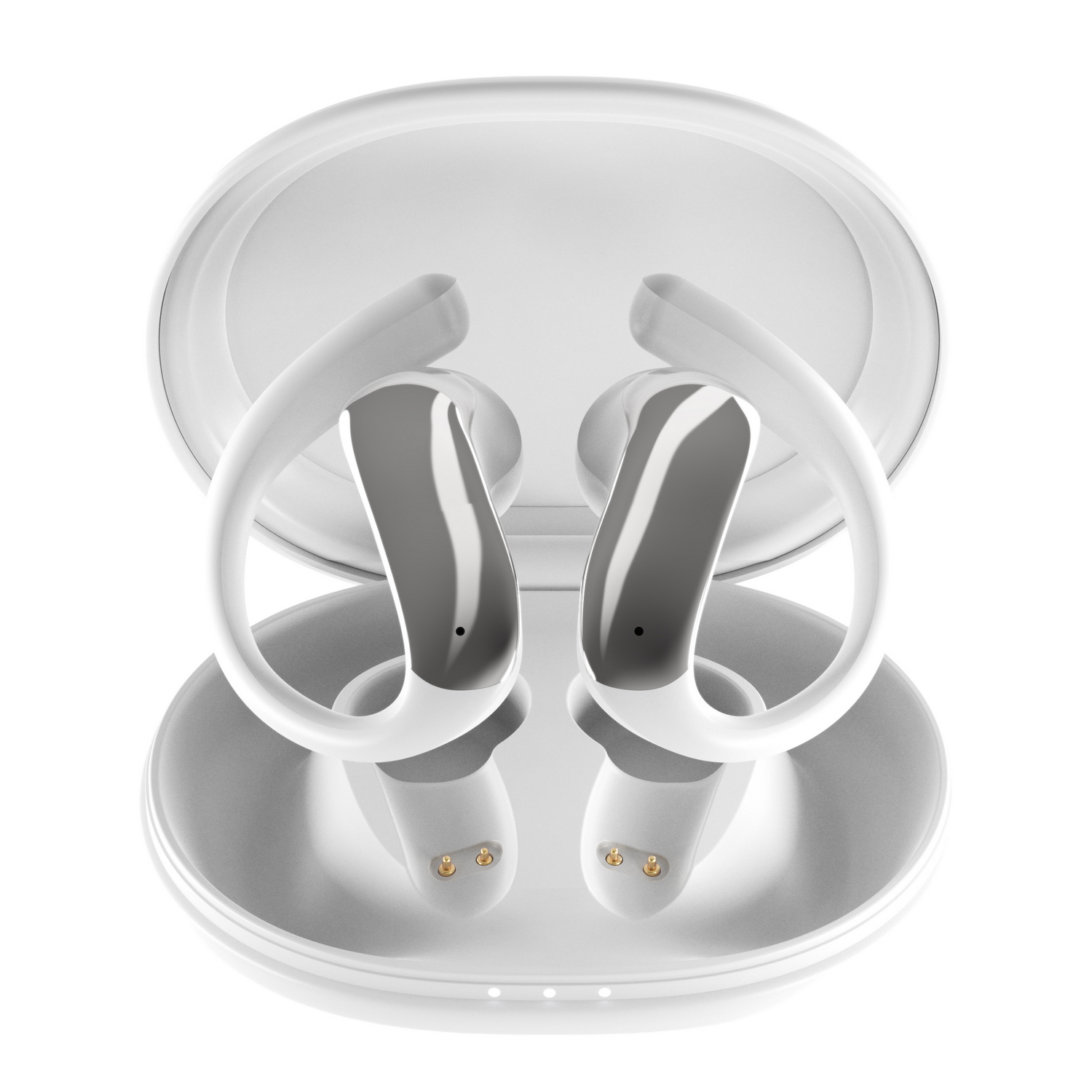 Estuche de carga blanco y abierto que contiene dos auriculares con detalles plateados.