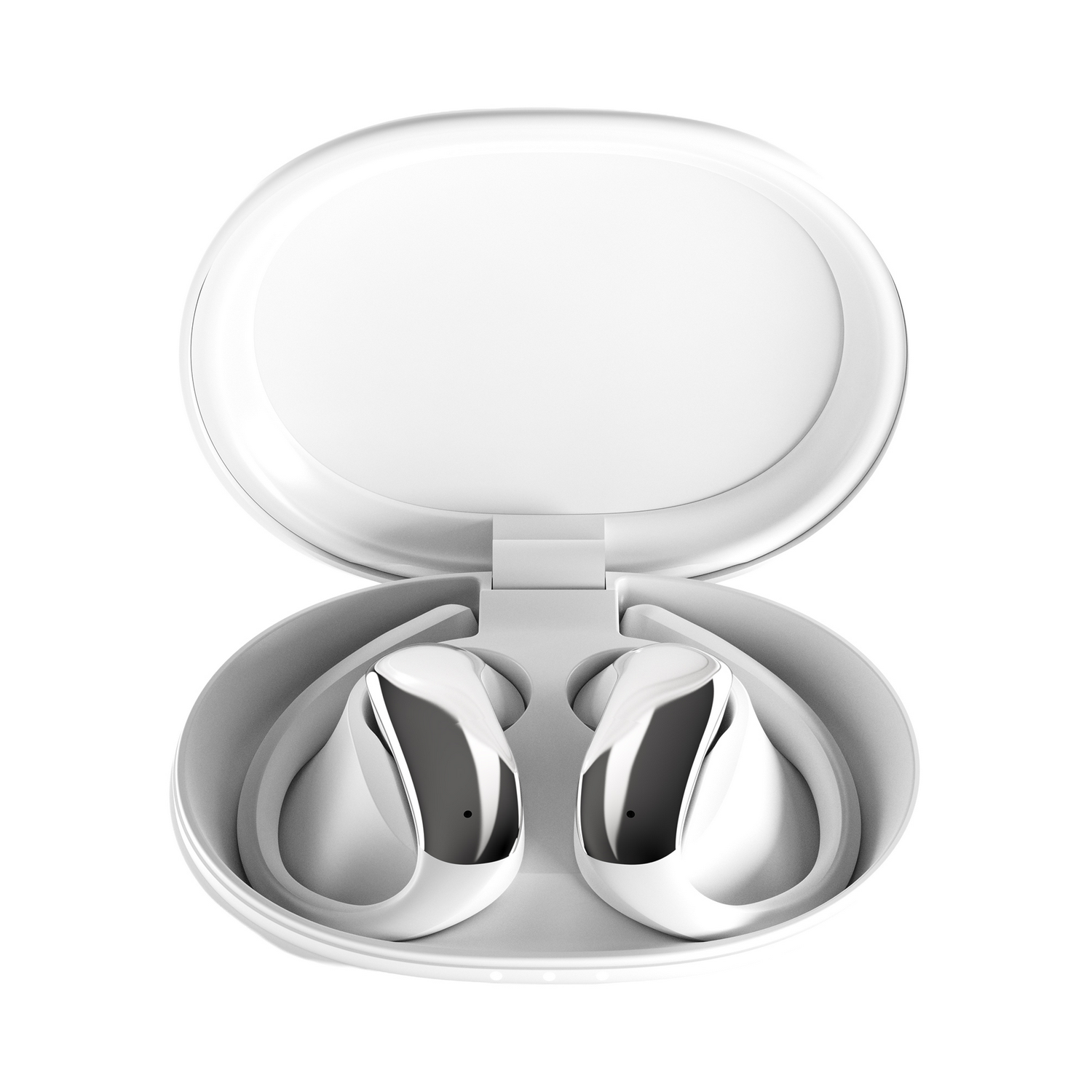 Estuche de carga abierto blanco con dos auriculares ergonómicos dentro, sobre fondo blanco.