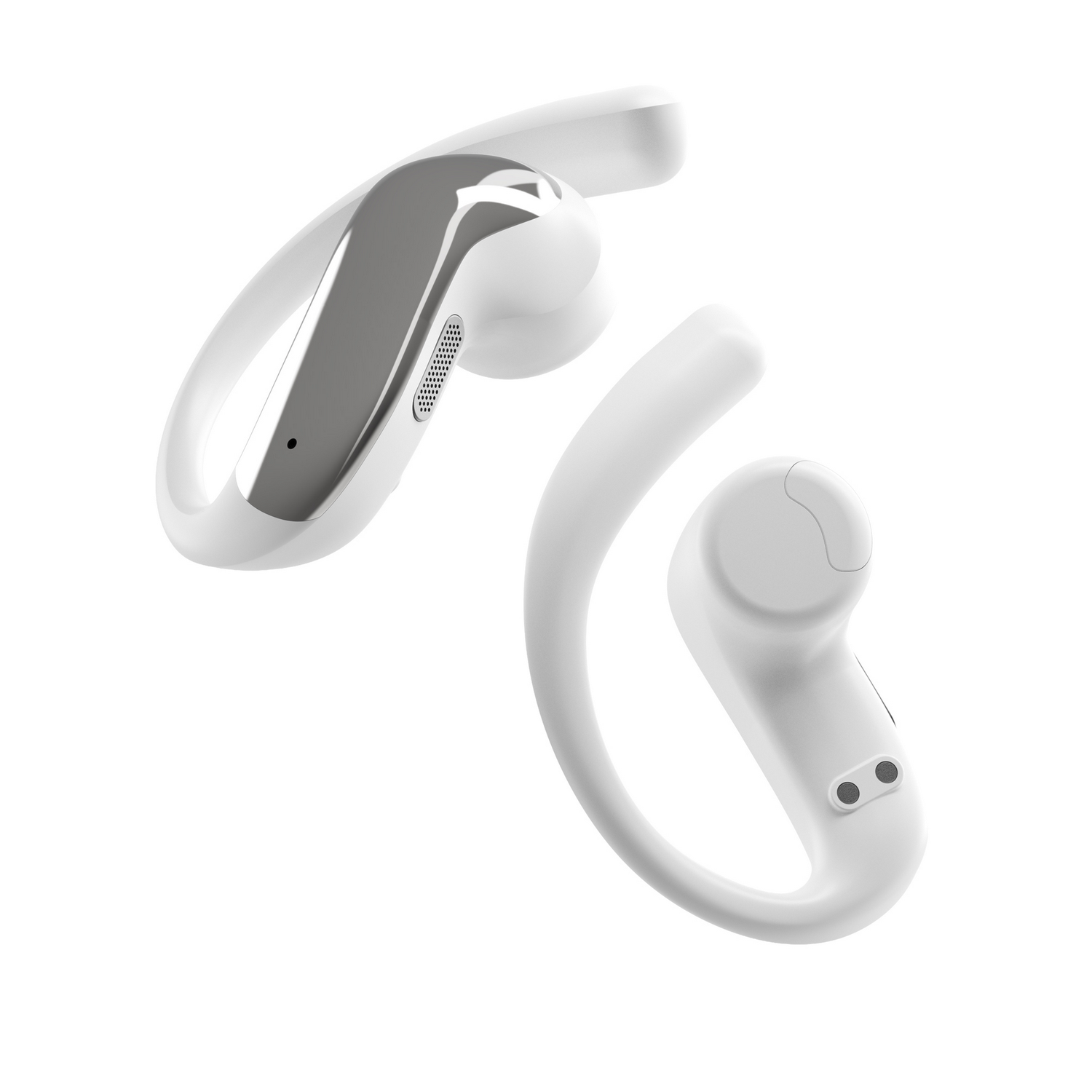 Dos modernos auriculares inalámbricos blancos con detalles plateados y ganchos sobre fondo blanco.