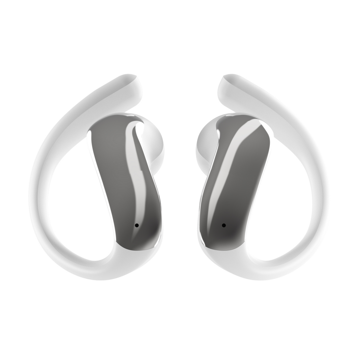 Dos auriculares inalámbricos blancos con detalles plateados brillantes sobre fondo blanco.