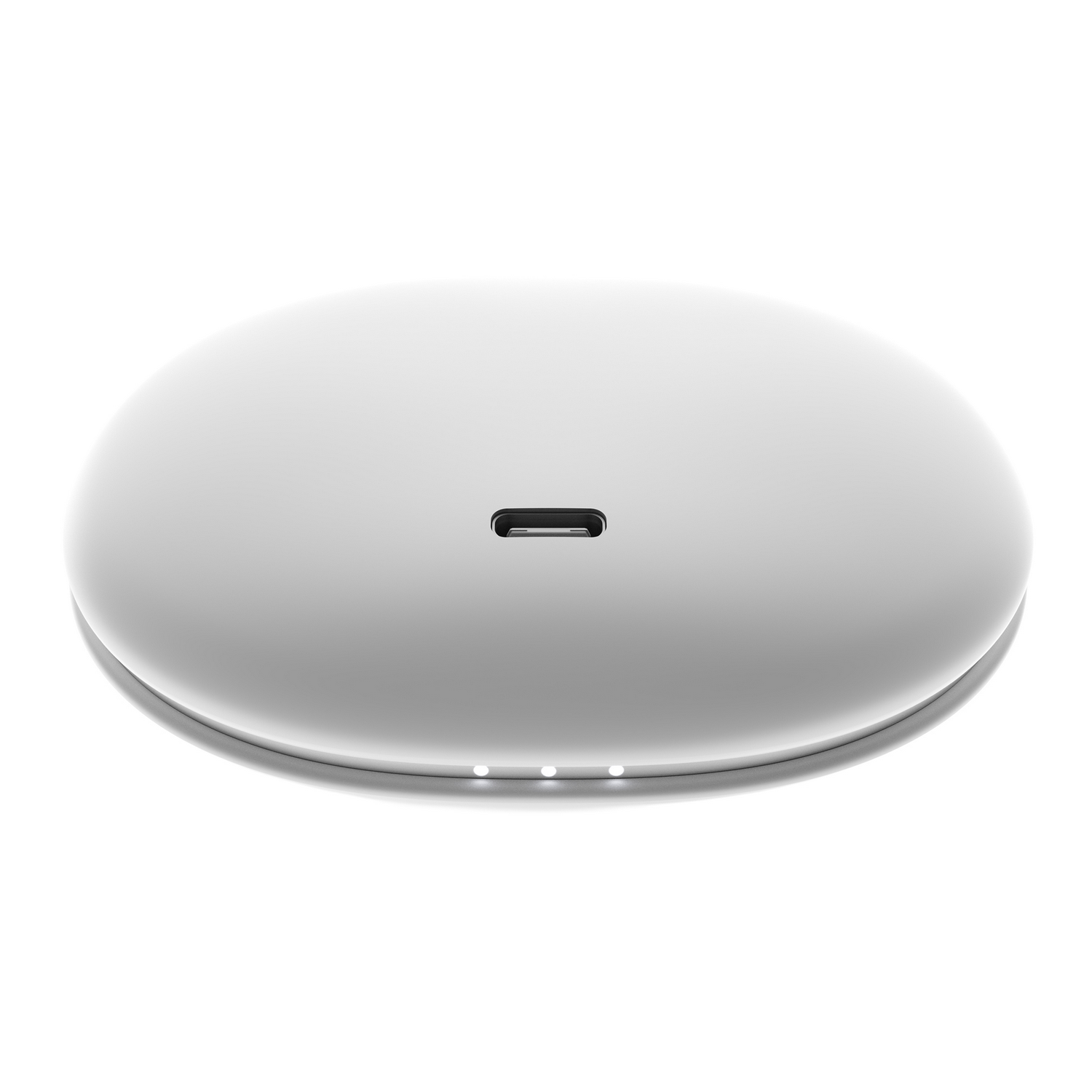 Un cargador inalámbrico ovalado blanco y liso con un puerto USB-C arriba y tres pequeñas luces indicadoras al frente.