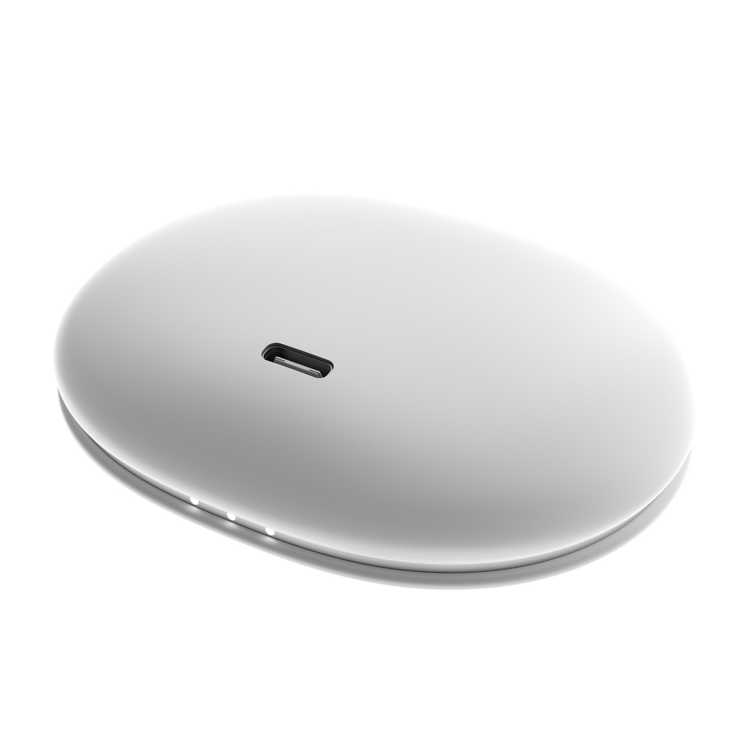 Un estuche de carga ovalado blanco con puerto USB-C y pequeñas luces LED sobre una superficie blanca.
