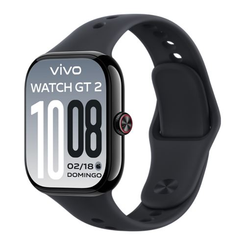 Reloj negro Vivo Watch GT 2 con esfera digital y correa de silicona negra sobre fondo blanco.
