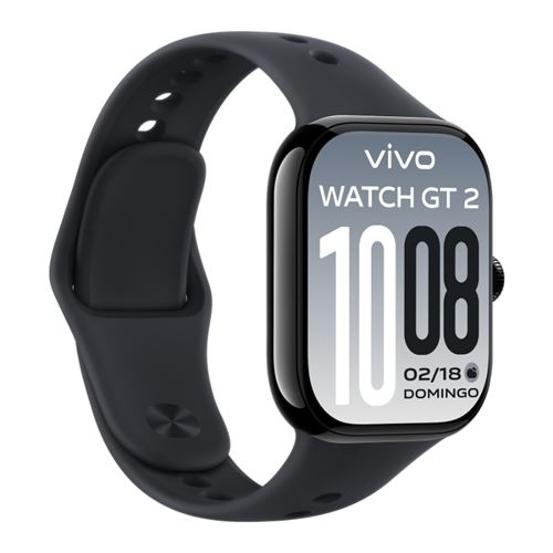 Un reloj inteligente Vivo Watch GT 2 negro con correa de silicona negra y pantalla digital sobre fondo blanco.