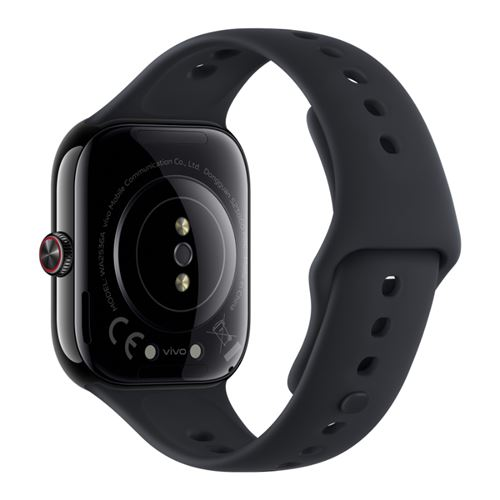 Parte trasera de un reloj inteligente negro con sensores y correa de caucho.