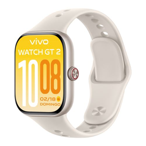 Un reloj inteligente vivo Watch GT 2 con pantalla amarilla y correa blanca sobre fondo blanco.