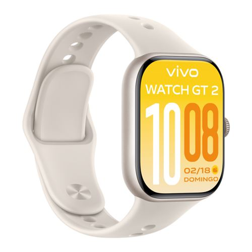 Reloj inteligente Vivo Watch GT 2 color beige con pantalla digital amarilla sobre fondo blanco.