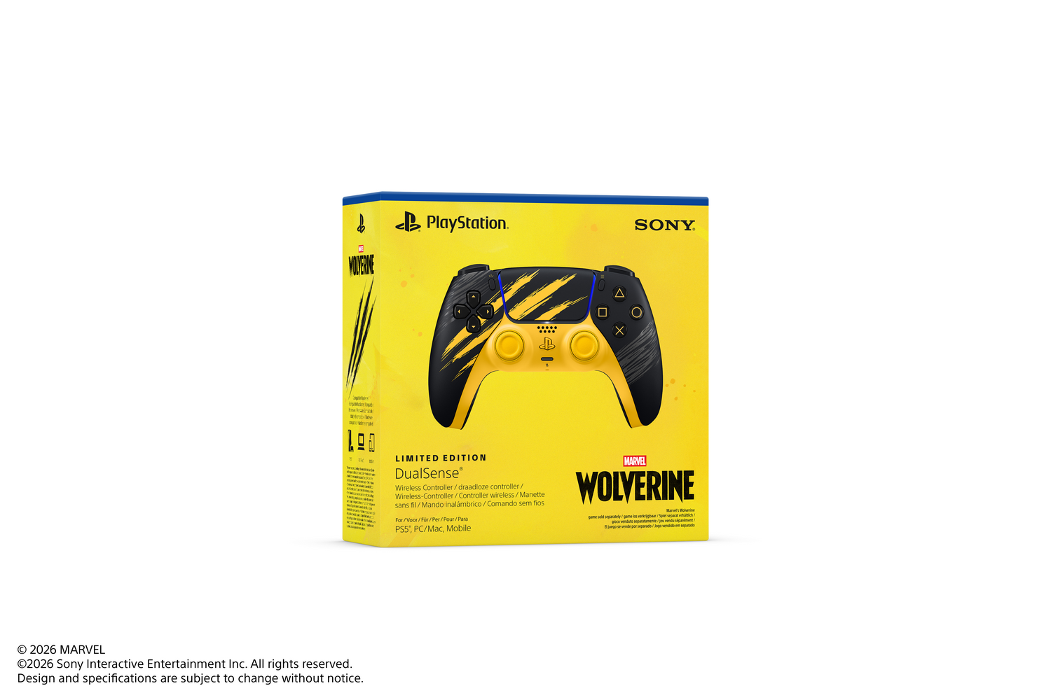 Una caja de controlador inalámbrico DualSense Edición Limitada Marvel Wolverine amarilla y negra.