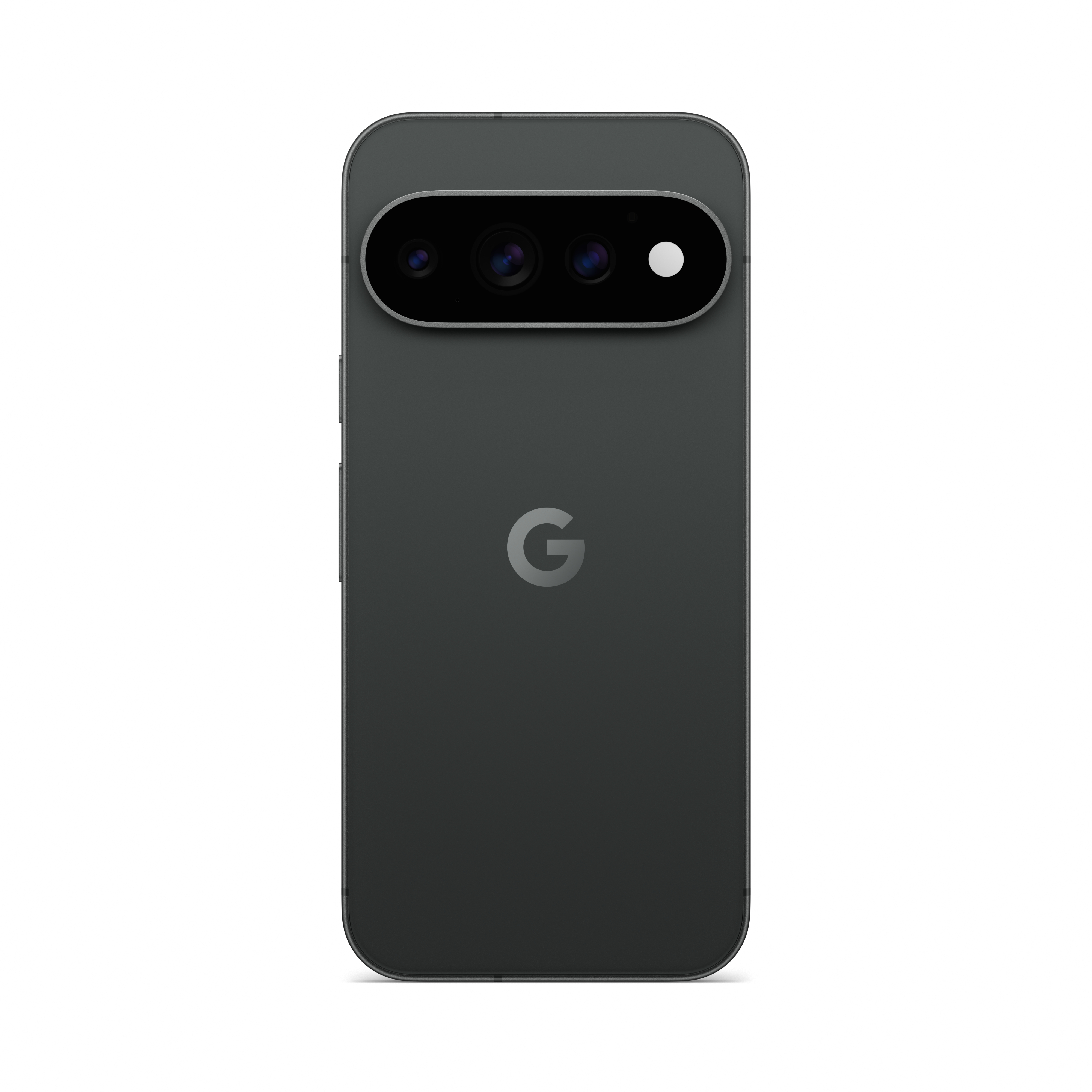Die Rückseite eines dunklen Smartphones mit einer horizontalen Dreifachkamera und dem Google-Logo in der Mitte.