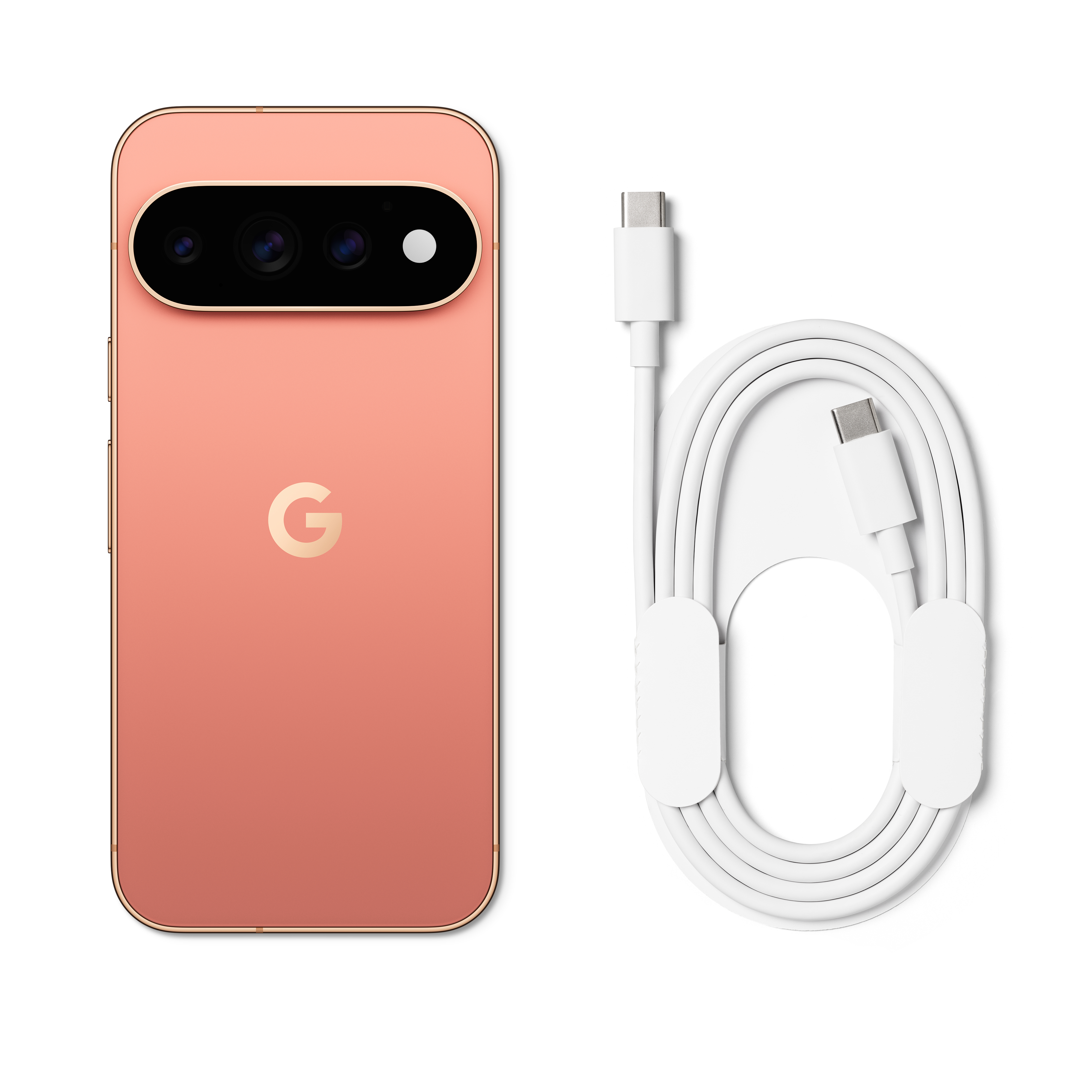 Ein rosafarbenes Smartphone mit Google-Logo und eine weiße USB-C-Kabel auf weißem Hintergrund.