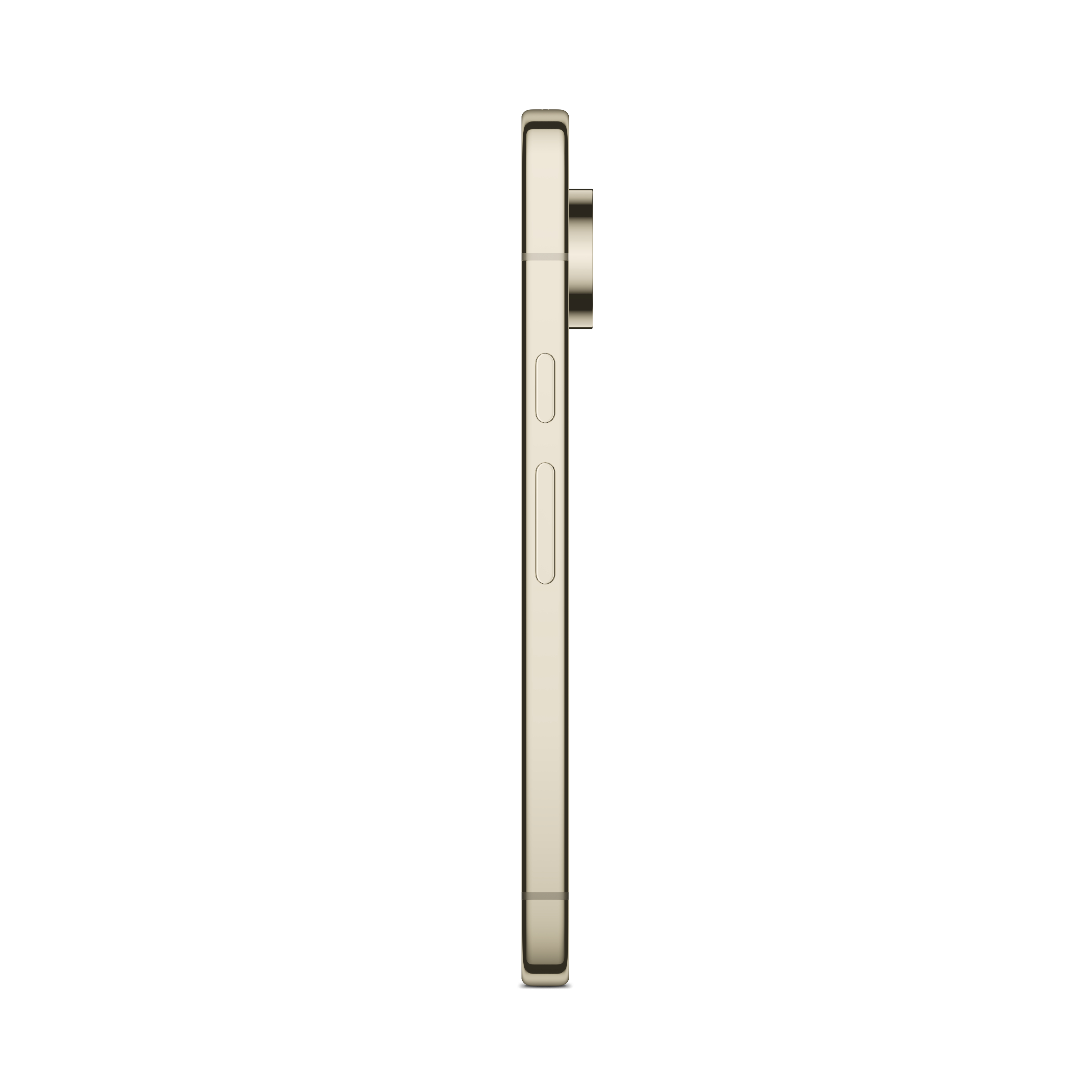Seitenansicht eines goldenen Smartphones mit sichtbaren Tasten und Kameramodul.