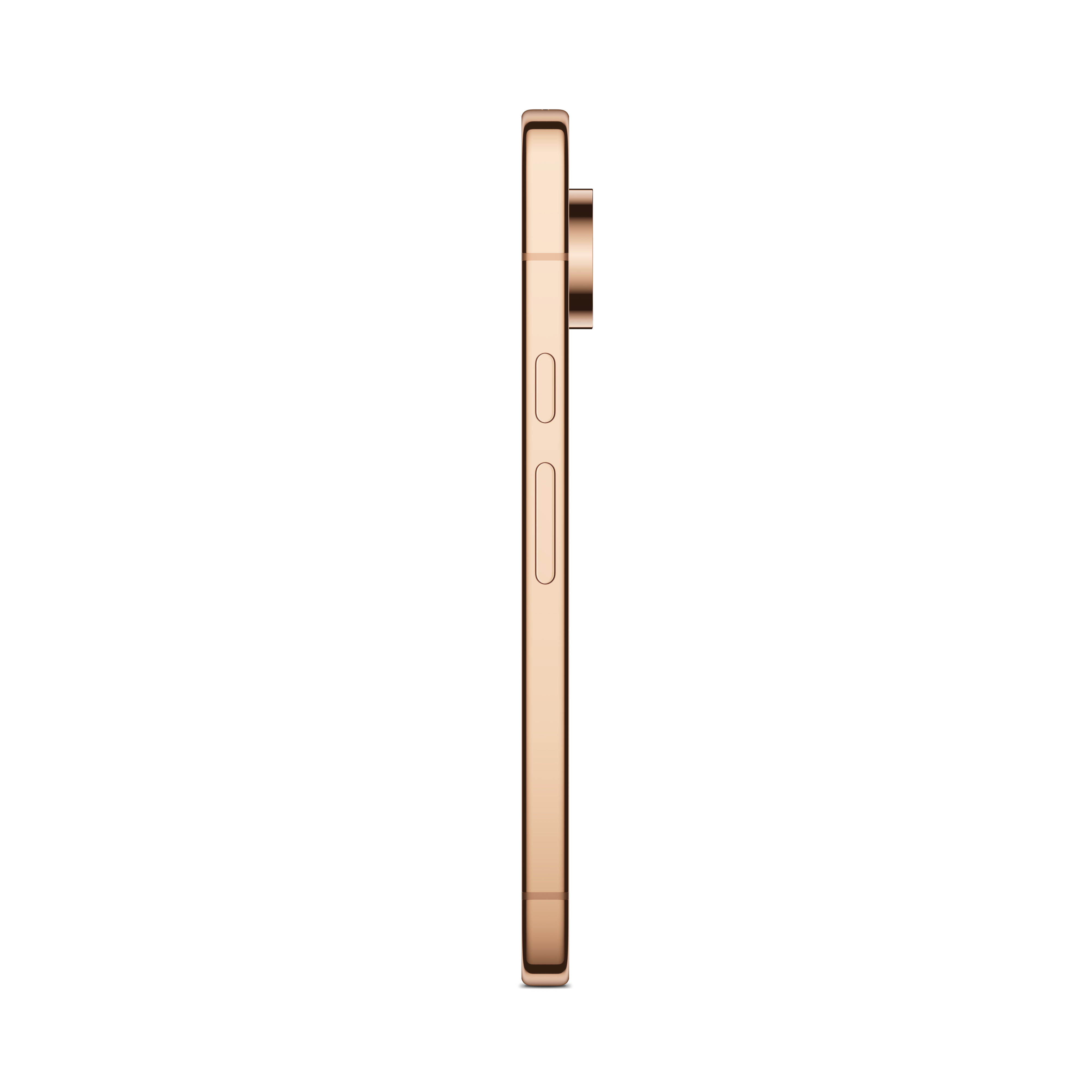 Seitenansicht eines roségoldenen Smartphones mit Lautstärketasten und Kameramodul.
