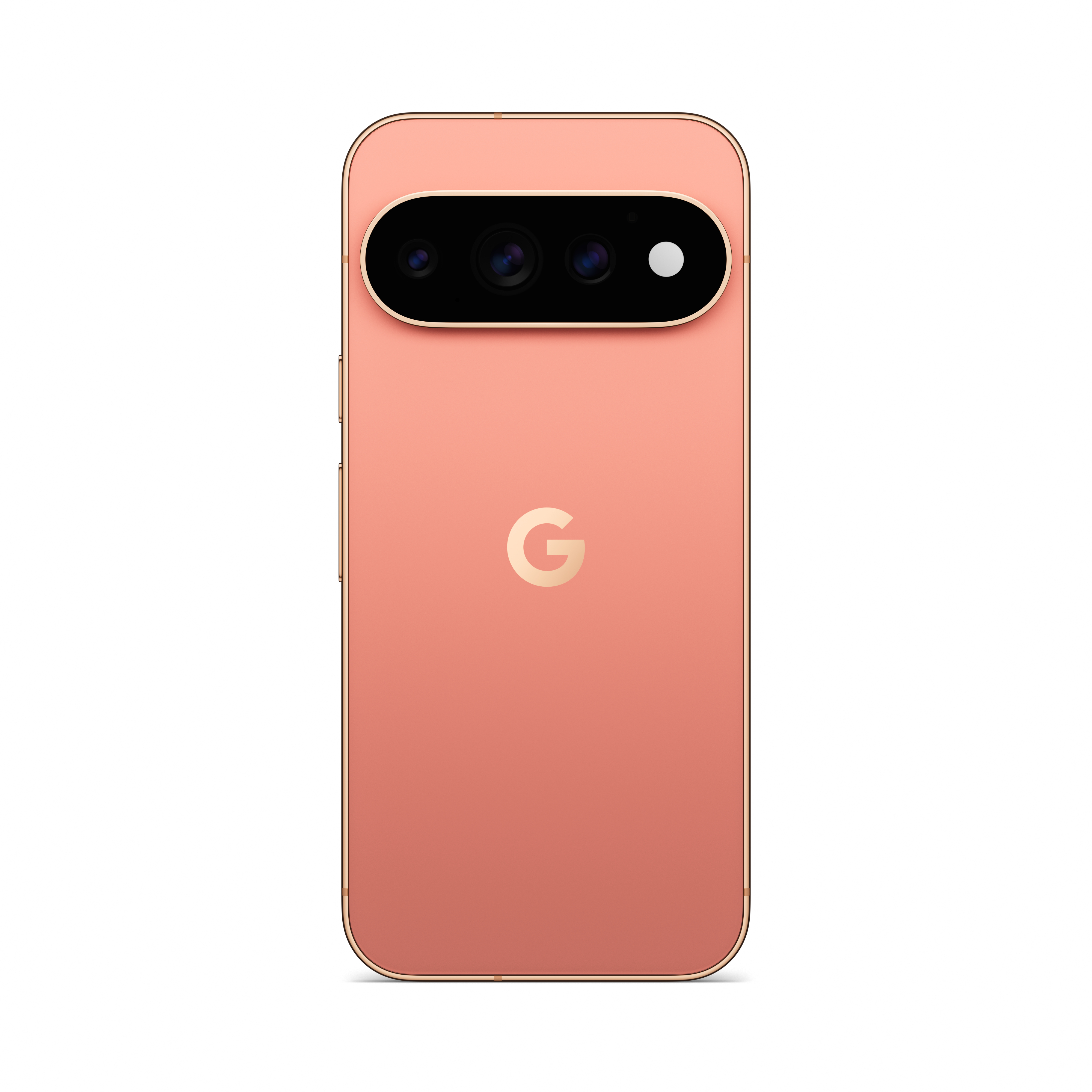 Rückansicht eines rosafarbenen Smartphones mit horizontaler Kamera und Google-Logo.