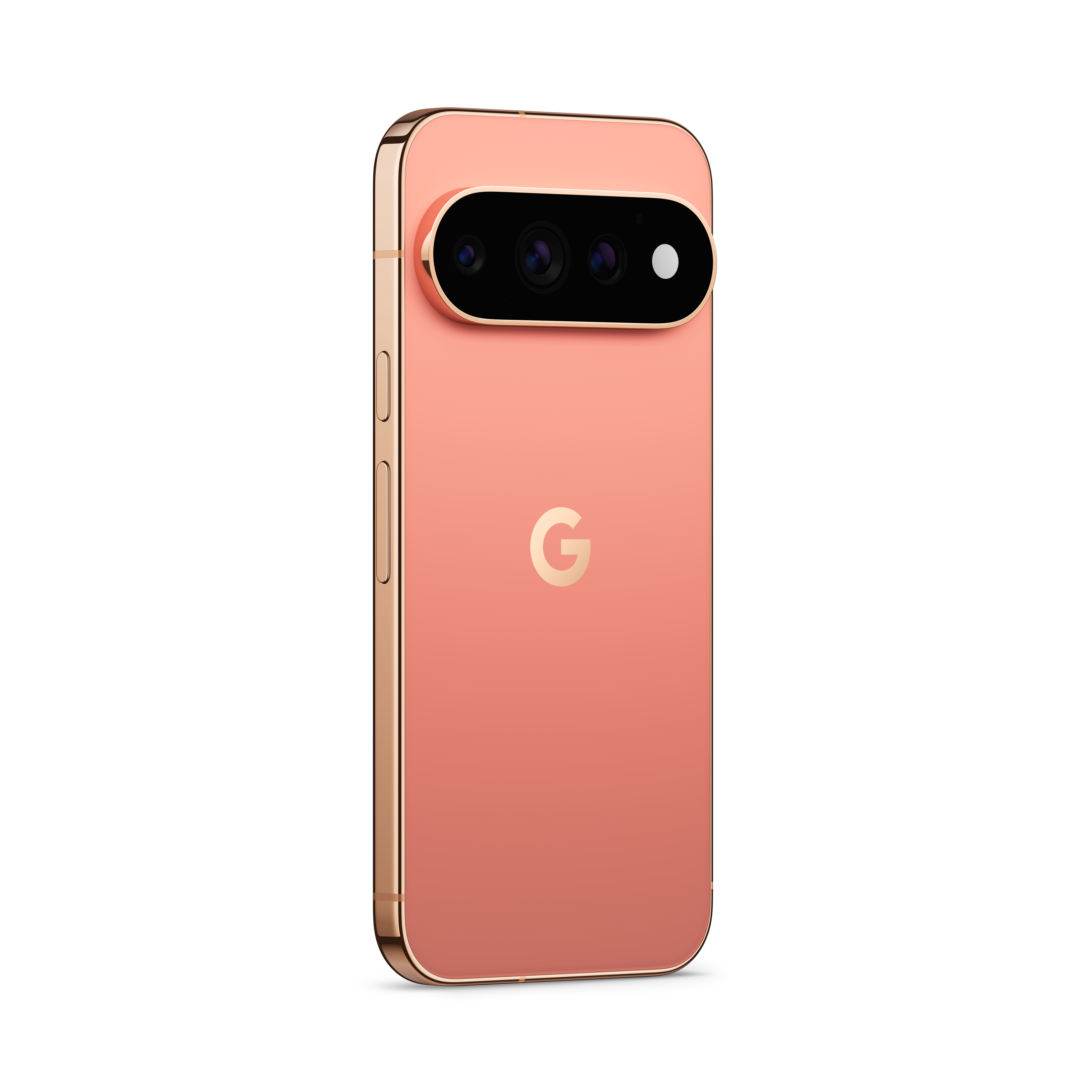 Rückseite eines rosafarbenen Smartphones mit horizontalem Kameramodul und Google-Logo.