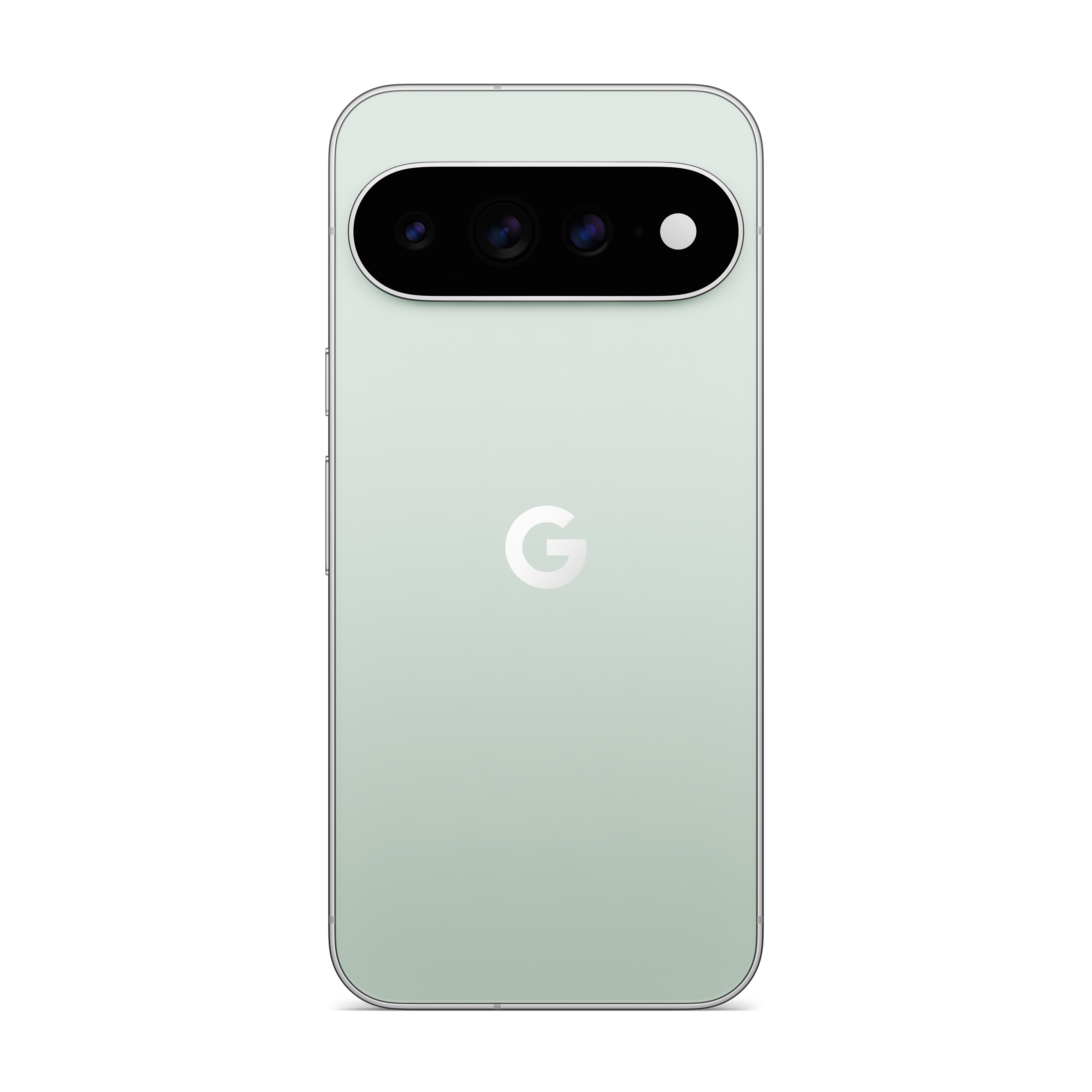 Rückseite eines hellgrünen Smartphones mit waagerechtem Kameramodul und Google-Logo in der Mitte.