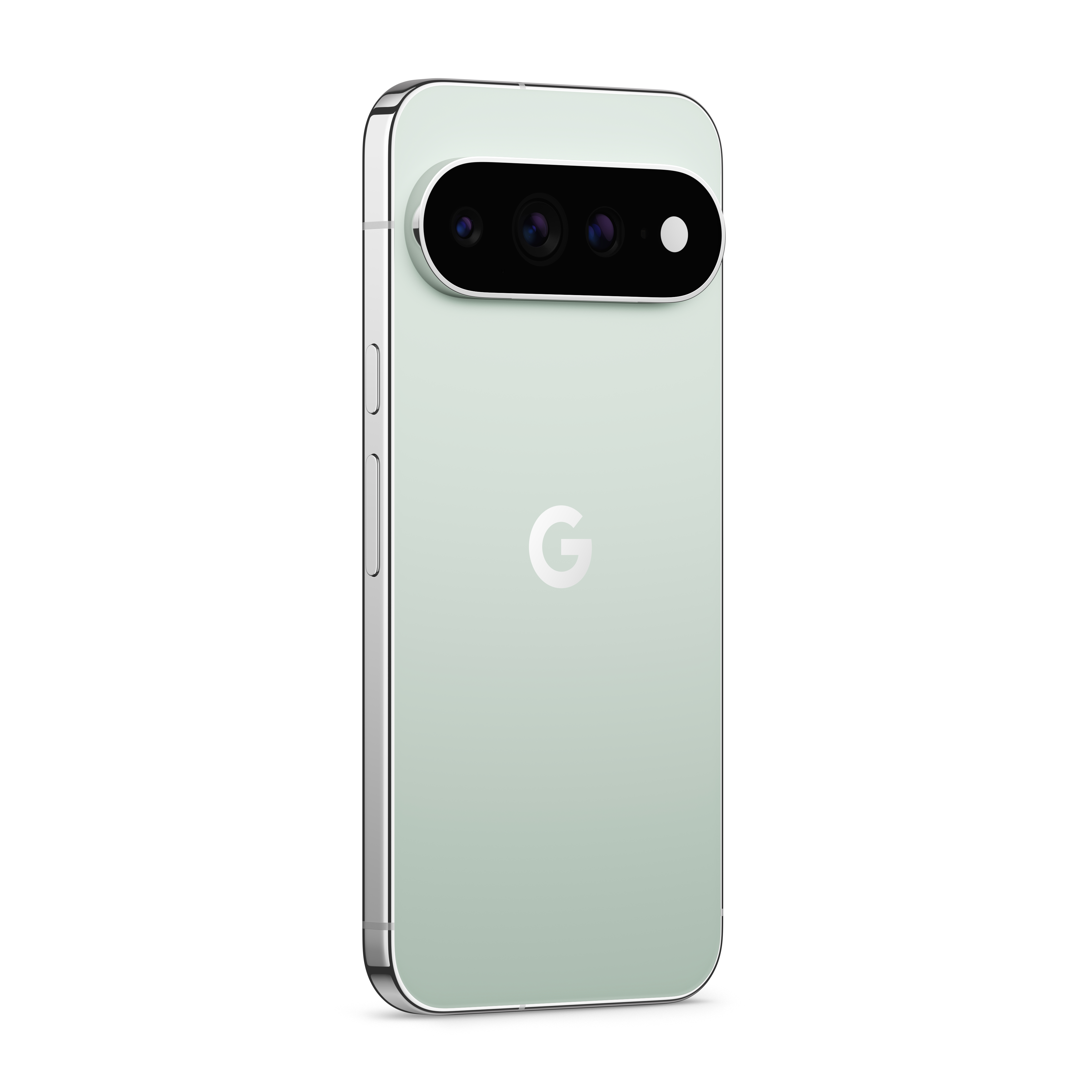 Rückseite eines hellgrünen Smartphones mit horizontalem Dreifach-Kameramodul und Google-Logo vor weißem Hintergrund.