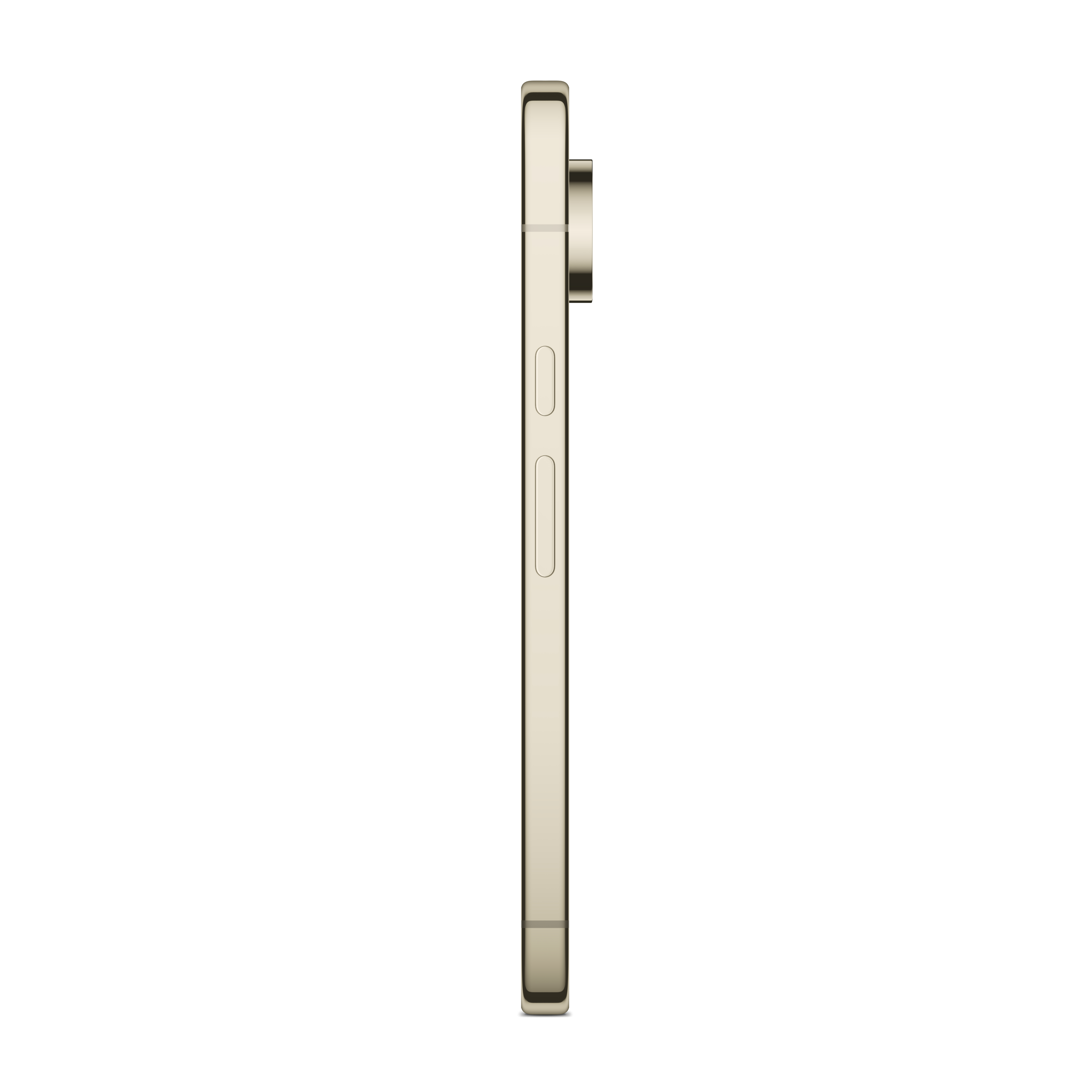 Seitenansicht eines goldenen Smartphones mit sichtbaren physischen Tasten und Kameramodul auf weißem Hintergrund.